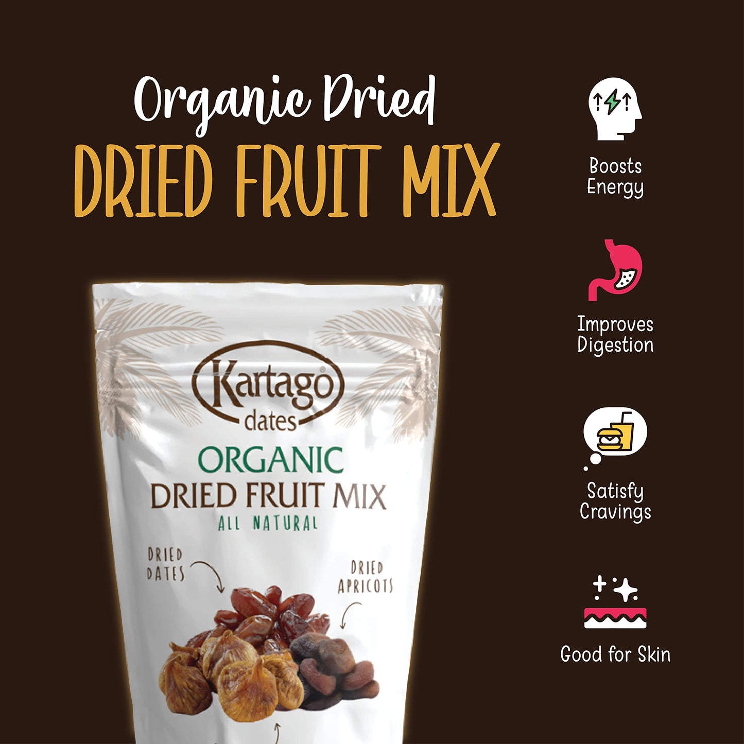 Organic Dried Fruit Mix (Dates, Apricots, Figs) - Vegan, Kosher, Gluten Free, No Added Sugar - Healthy Natural Snacks - 8oz (2-p