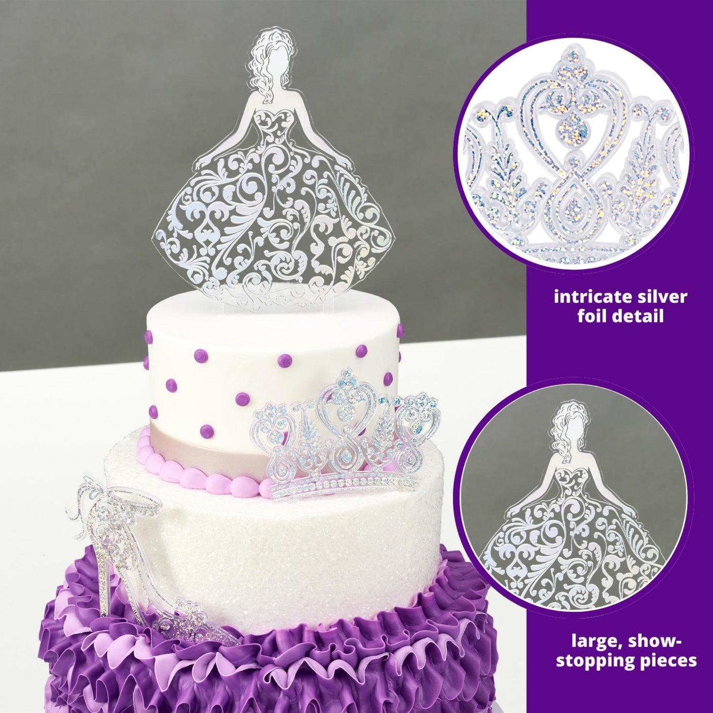 Decopac Quinceanera Cake Topper, Glitter Cake Topper, Silver Cake Decoration, 3 Piece Set