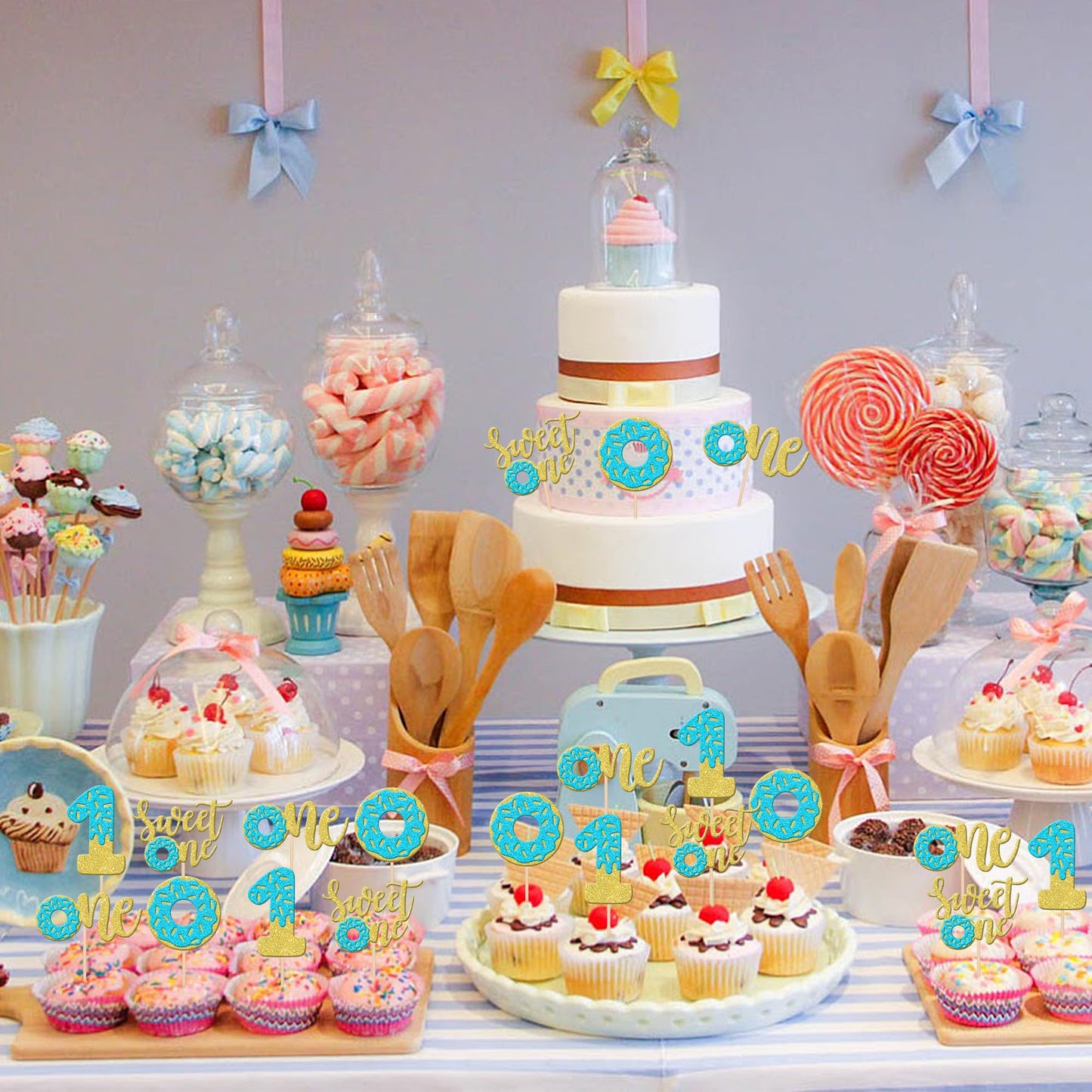 24 Pcs Sweet One Donut Cupcake Toppers Glitter Donut One Cupcake Picks Donut First Birthday Party Decoration For Sweet Donut The