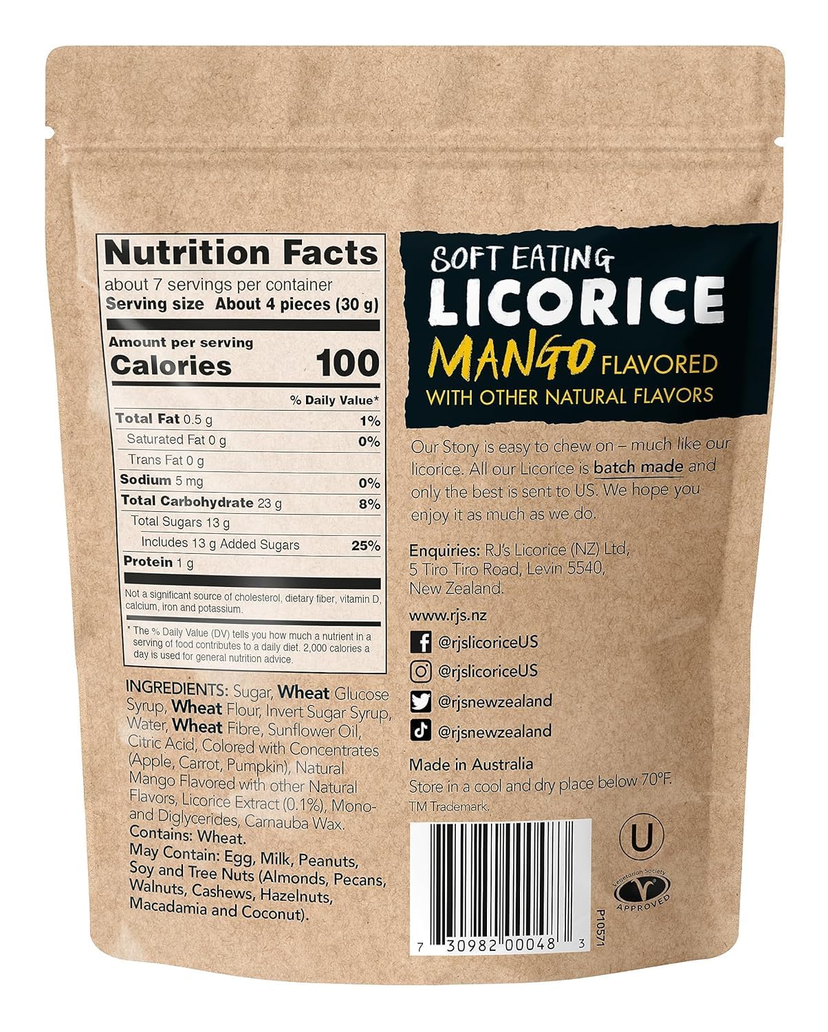 Soft Eating Mango Licorice - Rjs Licorice 7.05Oz Bag - Non-Gmo, No Hfcs, Vegan-Friendly & Kosher - Batch Made In New Zealand