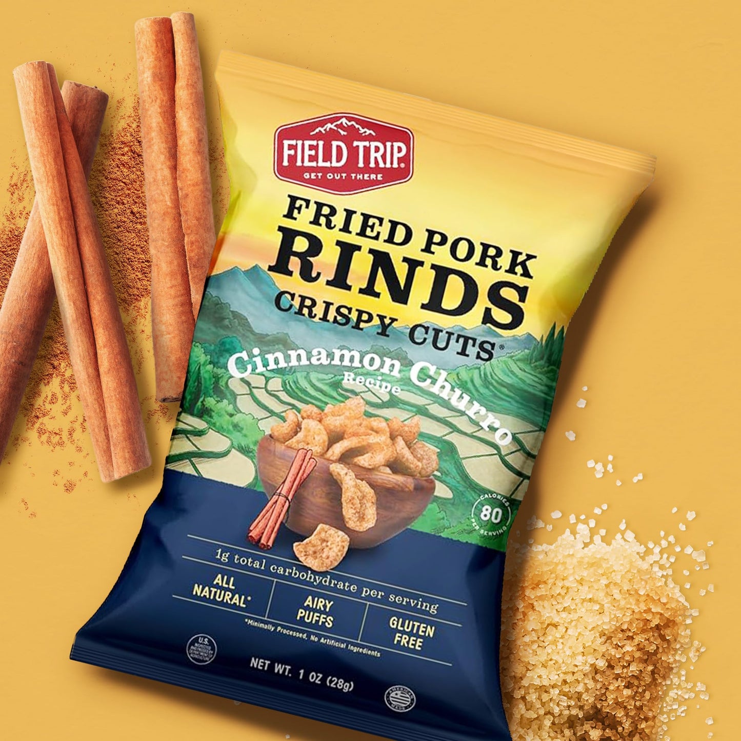 Field Trip Crispy Cuts Pork Rinds, Keto Snack, High Protein, Gluten Free, Low Sugar, Low Carb, Cinnamon Churro, 1Oz, 12 Pack, Holiday & Christmas Gift Item