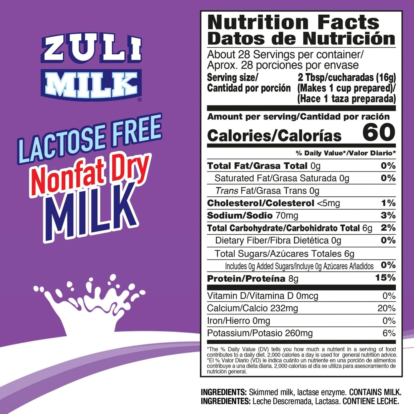 ZULI MILK Nonfat Dry Milk Powder for Baking & Coffee, Fat Free, Lactose Free, 16oz (Pack of 3)