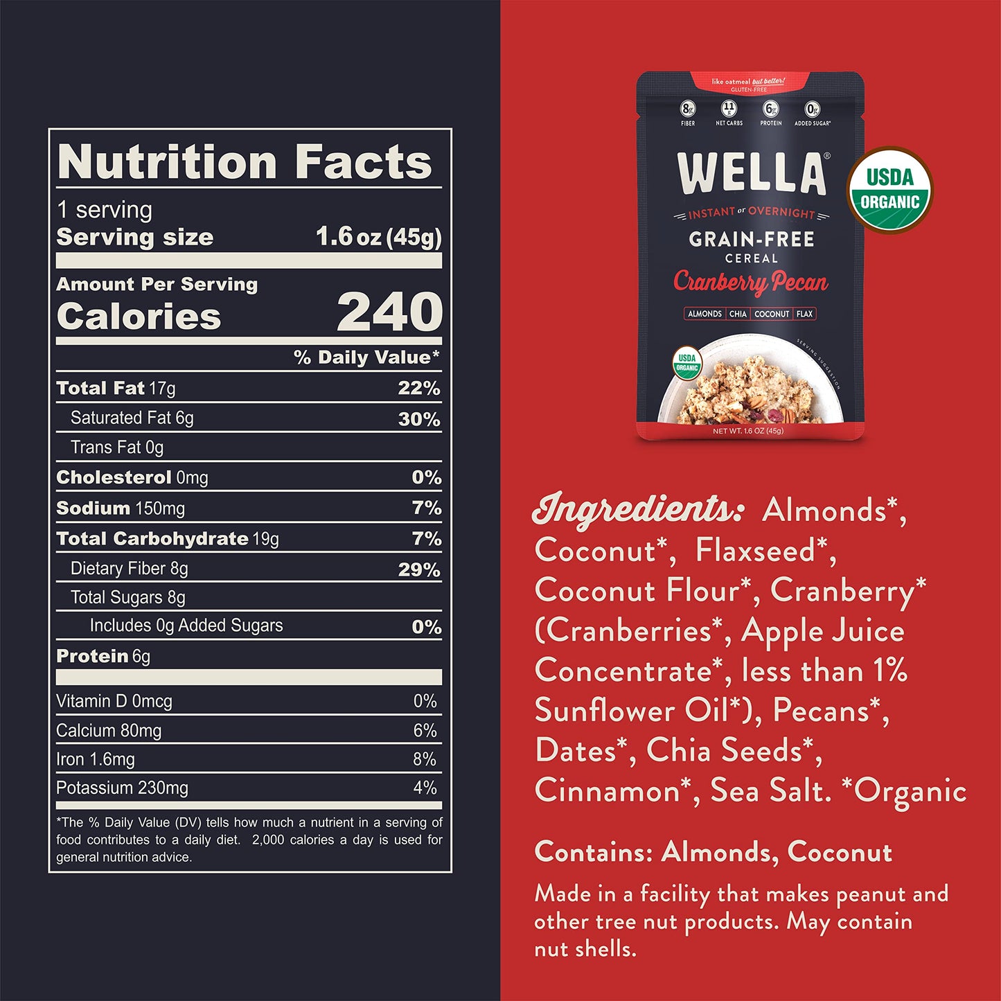 Wella Gluten-Free Oatmeal Alternative, Cranberry Pecan, 1.6 oz, Pack of 5, Vegan, High Protein, Low Net Carbs