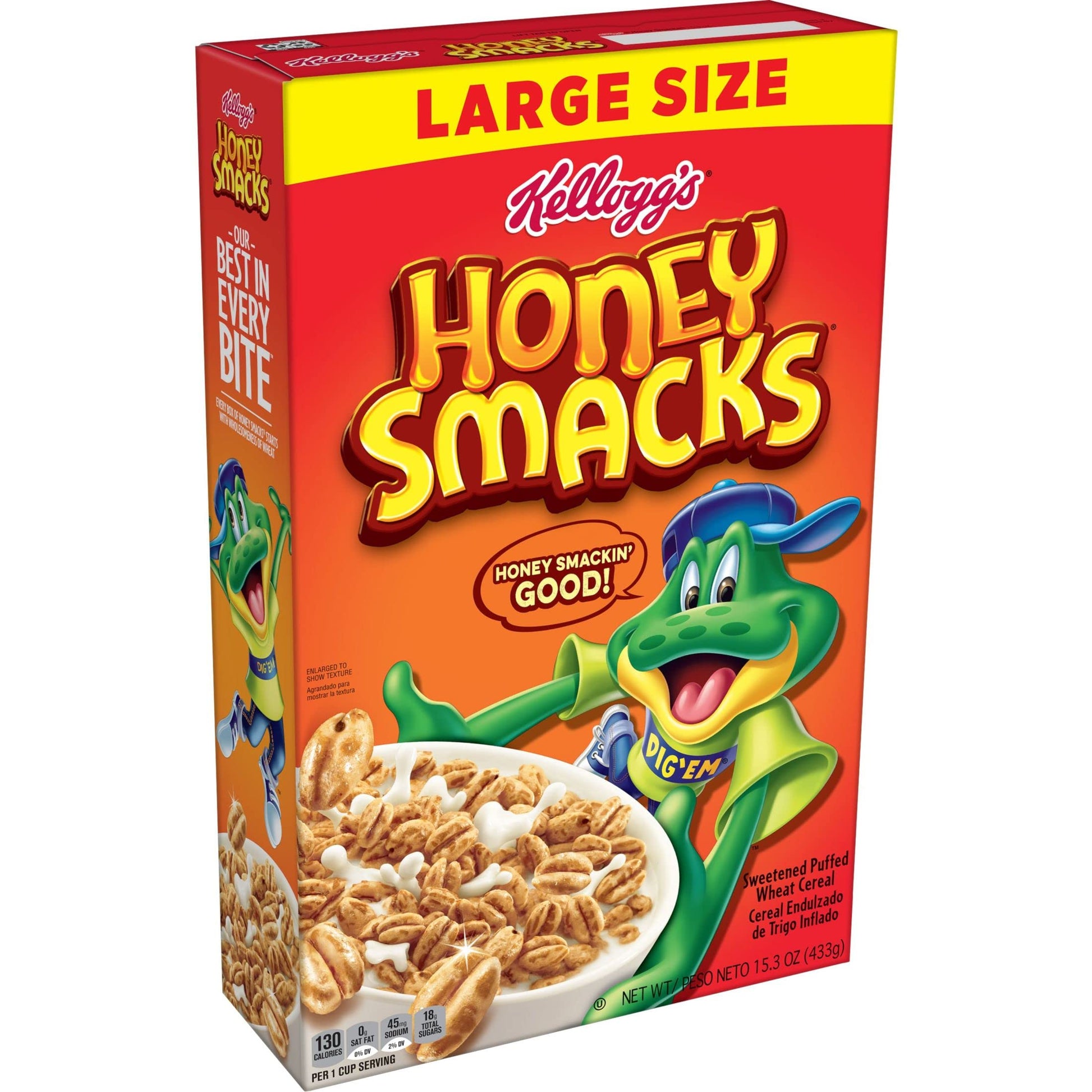 Kelloggs Honey Smacks Breakfast Cereal, Made with Whole Grain, Kids Snacks, Large Size, Original, 15.3oz Box (1 Box)
