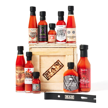 Man Crates  Gourmet Hot Sauce Gift Set For Men - 10-Pack Sampler With Mild To Extreme Ghost Pepper Flavors - Unique Hot Sauce Challenge Gift For Dad  Husband  Or Spice Lovers