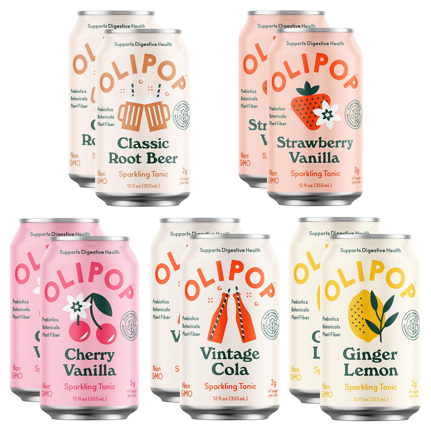 OLIPOP 5-Flavor Soda Variety Pack, Prebiotic Soft Drinks, Low Calorie, Vegan, 12 oz, Pack of 10