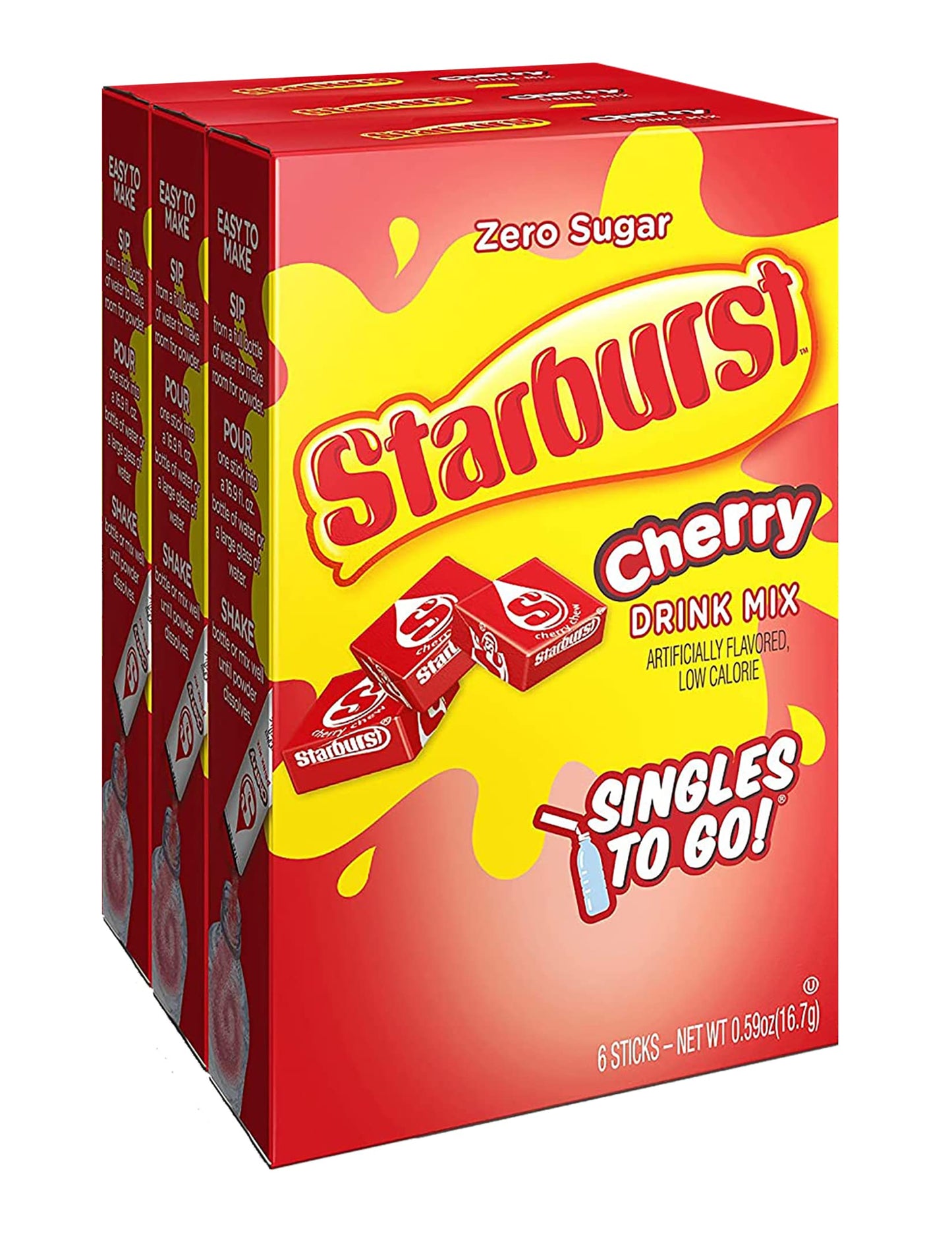 Starburst Singles To Go Powdered Drink Mix, Cherry, 3 Boxes With 6 Packets Each - 18 Total Servings, Sugar-Free Drink Powder, Ju