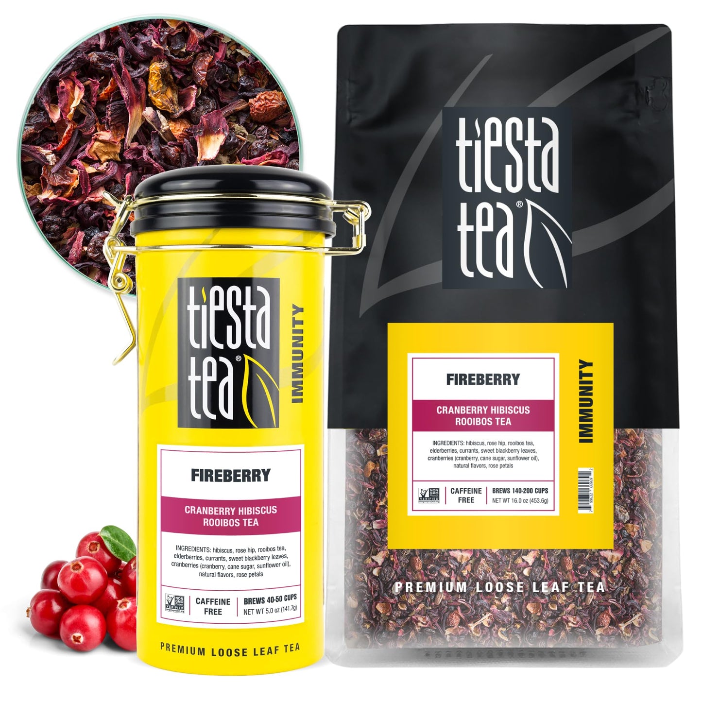 Tiesta Tea Loose Leaf Cranberry Hibiscus Rooibos Tea, Non-Caffeinated, 5 oz Tin & 1 lb Bulk Bag, 2 Piece Set