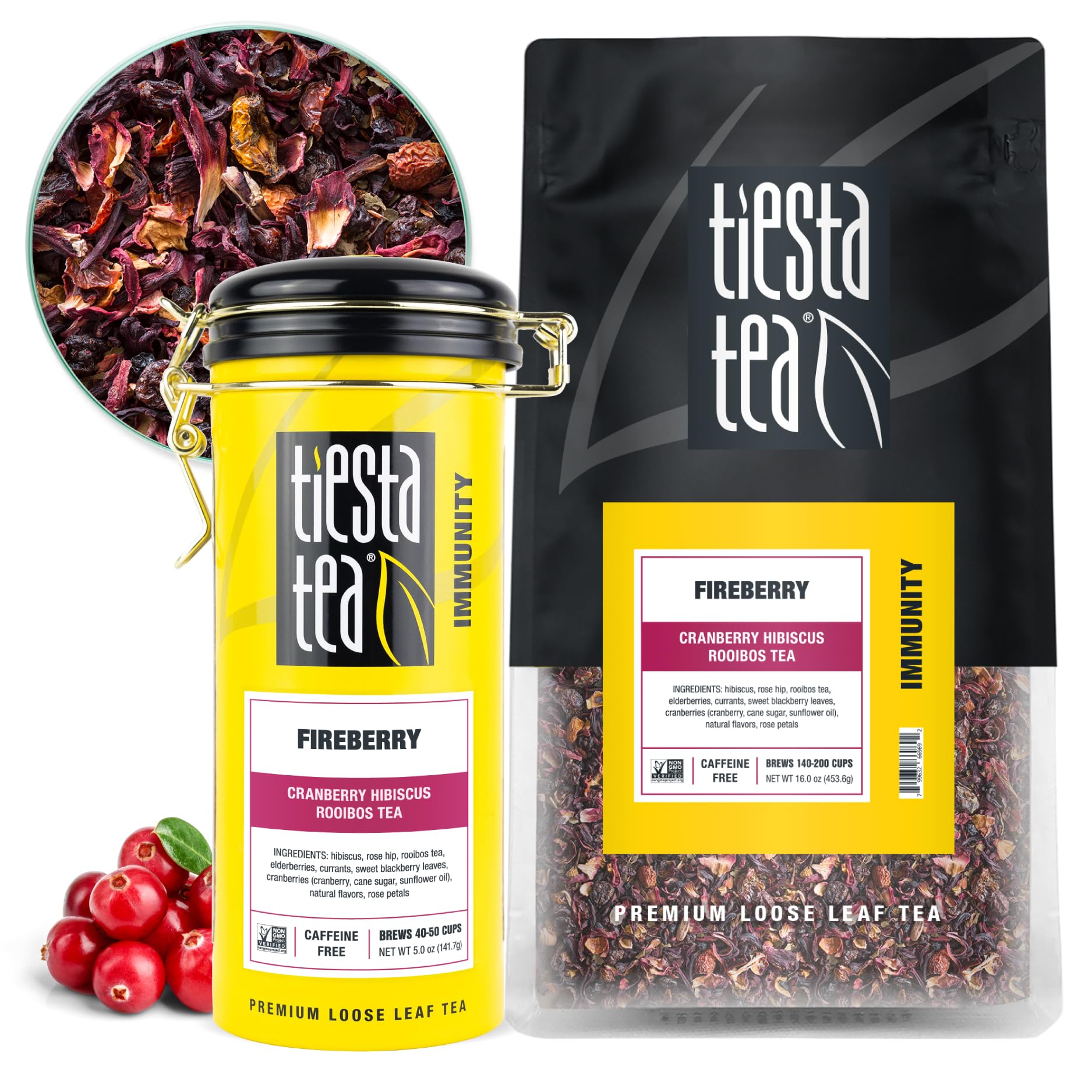 Tiesta Tea Loose Leaf Cranberry Hibiscus Rooibos Tea, Non-Caffeinated, 5 oz Tin & 1 lb Bulk Bag, 2 Piece Set