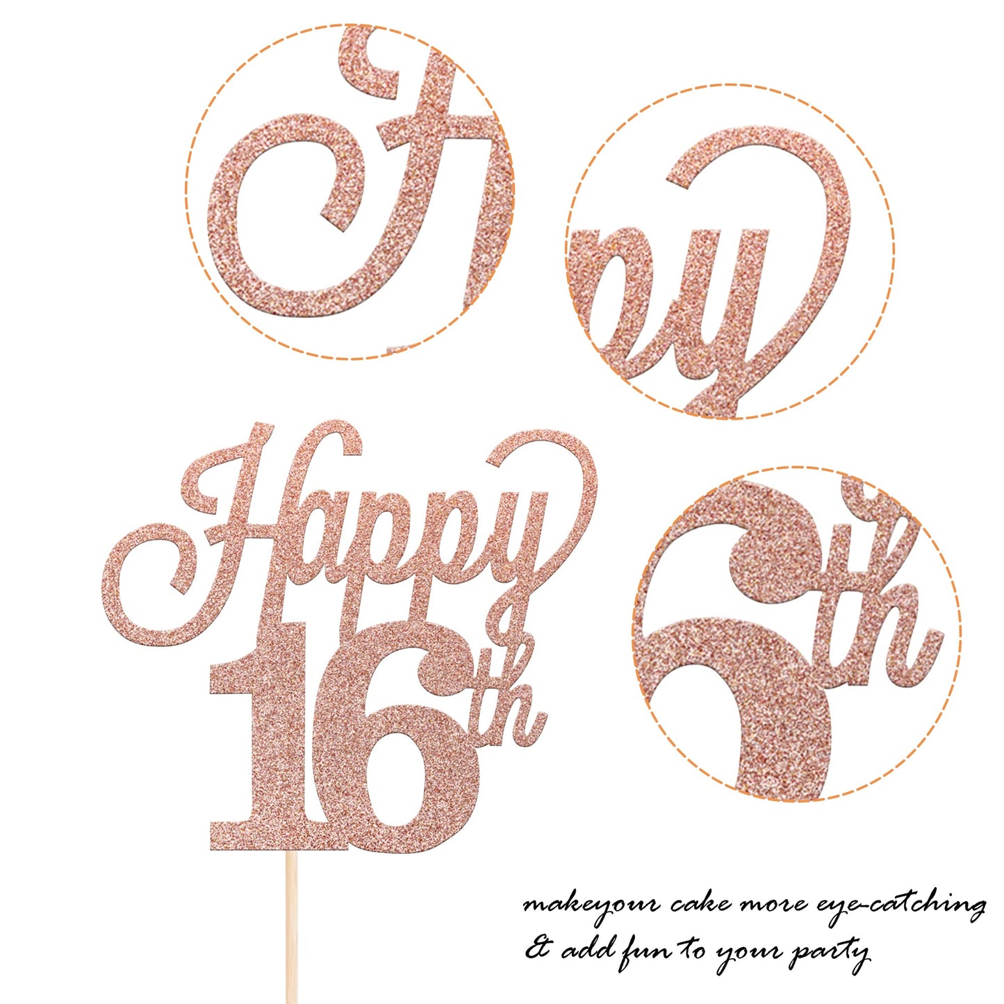 YCTHUNFISH 16th Birthday Cake Topper Black Glitter Number 16 Rose Gold Bamboo Decorations