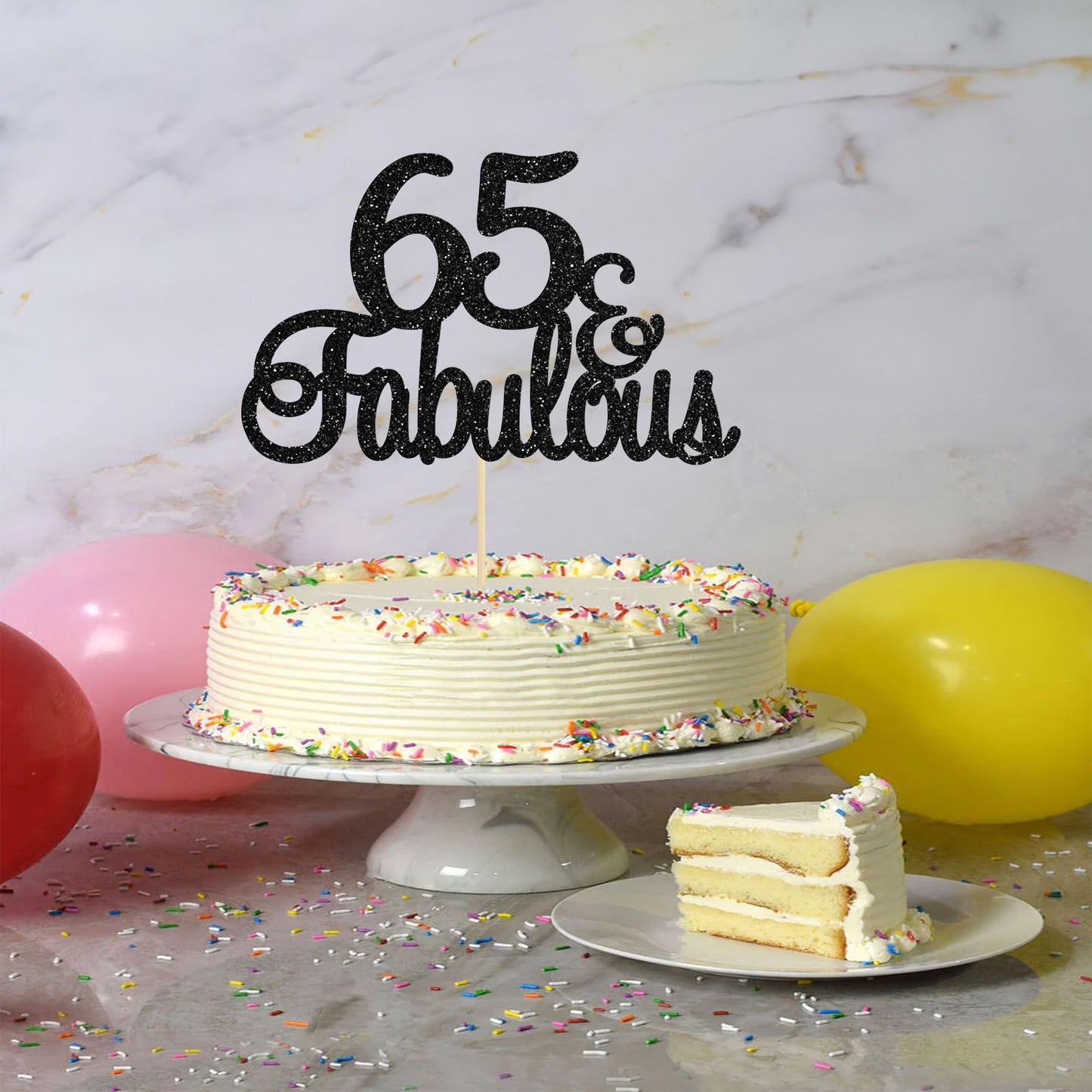 Gyufise 1Pcs 65 & Fabulous Cake Topper Black Glitter Sixty Five And Fabulous Cake Toppers Happy 65Th Birthday Cake Pick For 65Th