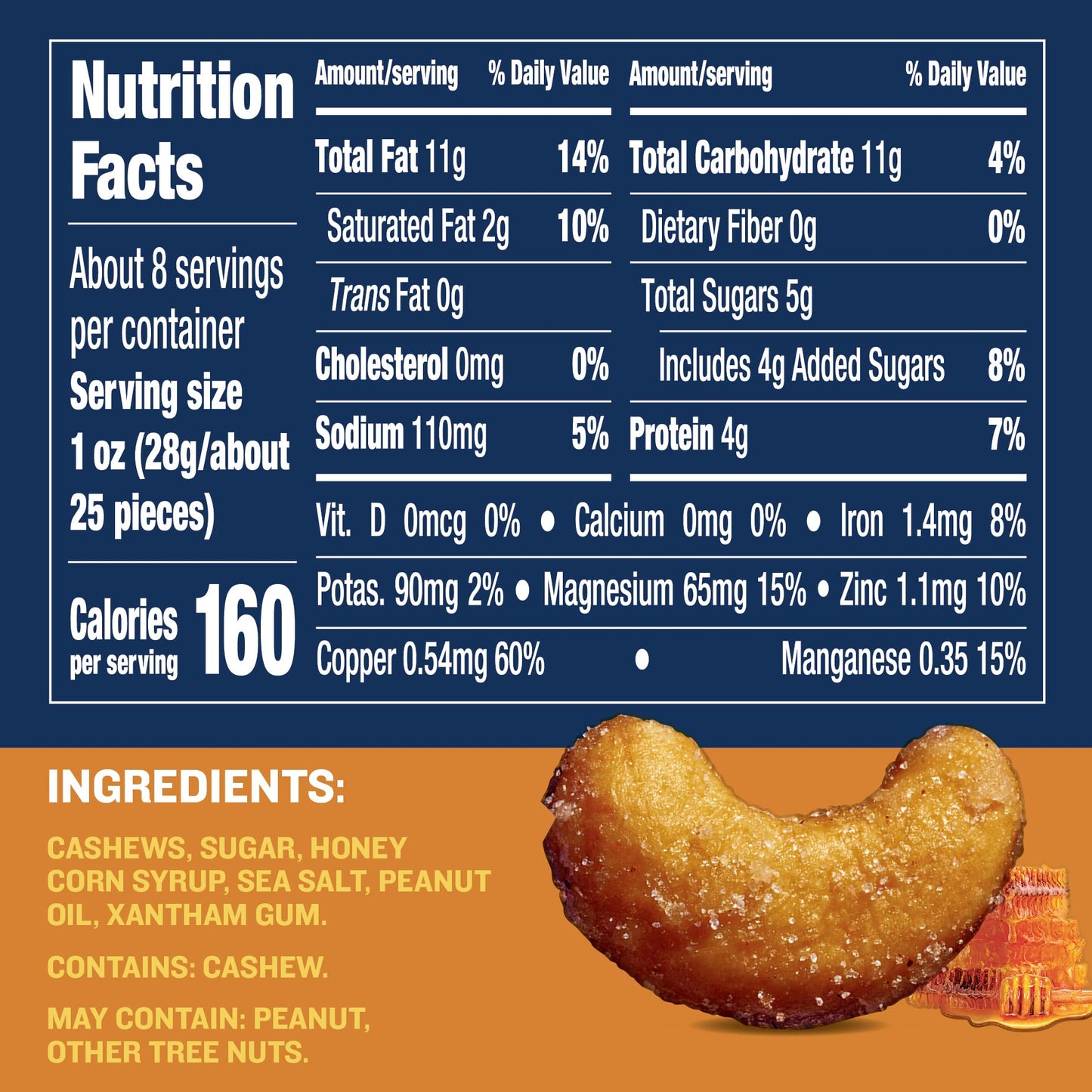 PLANTERS Deluxe Honey Roasted Whole Cashews, Sweet & Salty Snacks, 8.25oz (3 Canisters)