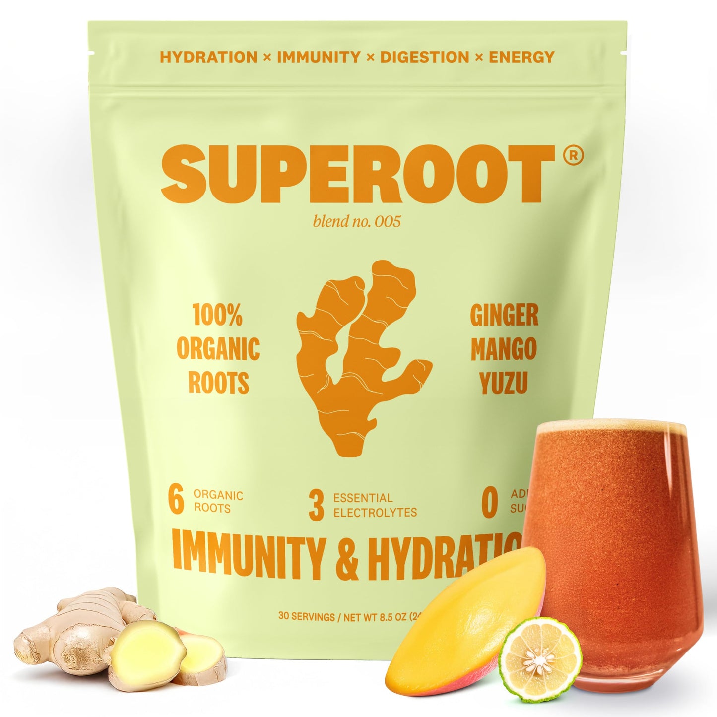 SUPEROOT Organic Ginger Shot & Turmeric Powder - Electrolyte Drink Mix - 30 Servings - 8.47 oz