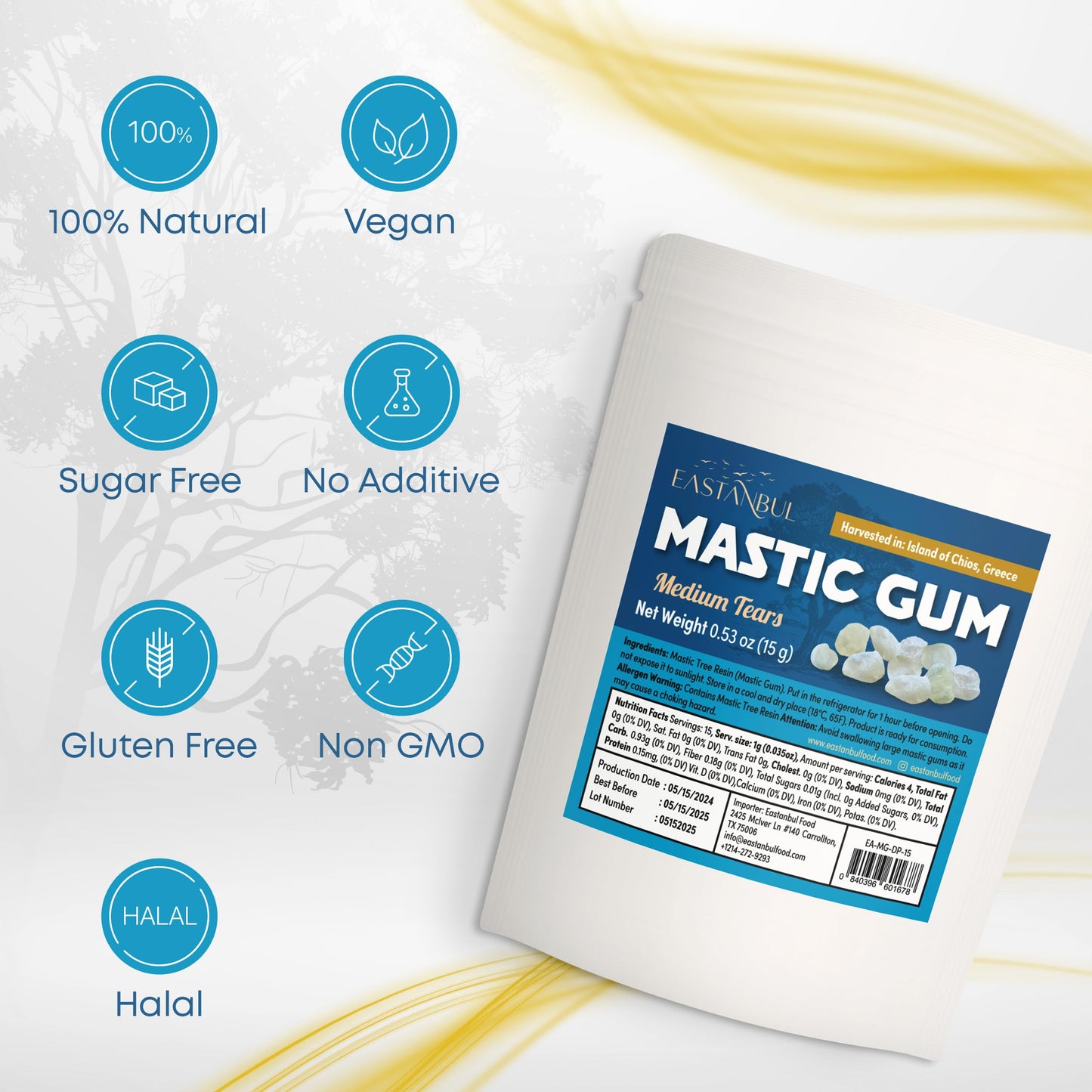 Eastanbul Mastic Gum, Vegan Chewing Gum for Jawline, 0.53oz (15g), Resealable Bag, Medium Natural Tears, Non-GMO, White