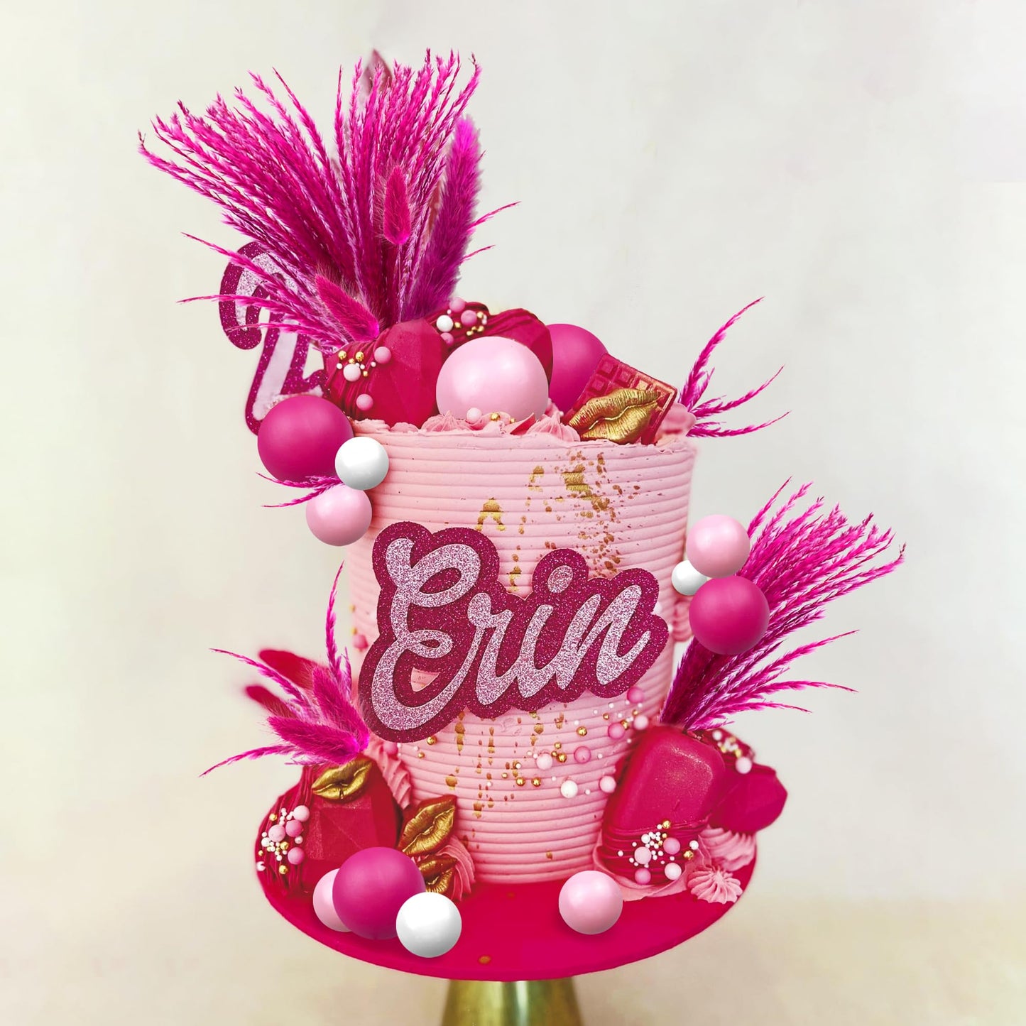 40 Pcs Hot Pink Girl Cake Toppers Ball Decoration Boho Bunny Tails Reed Grass For Wedding Birthday Baby Shower Party Supplies