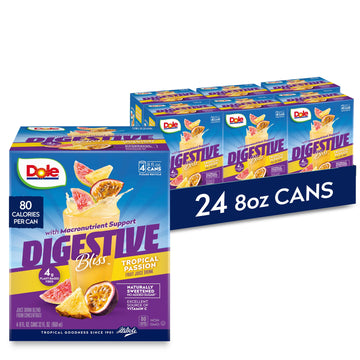 Dole Digestive Bliss Flavored Fruit Juice Drink, Tropical Passion, Excellent Source Of Antioxidant Vitamin C, Daily Digestive Support With 4G Of Plant-Based Fiber, Gluten Free And No Added Sugar, 8 Fl Oz (Pack Of 4), 24 Cans