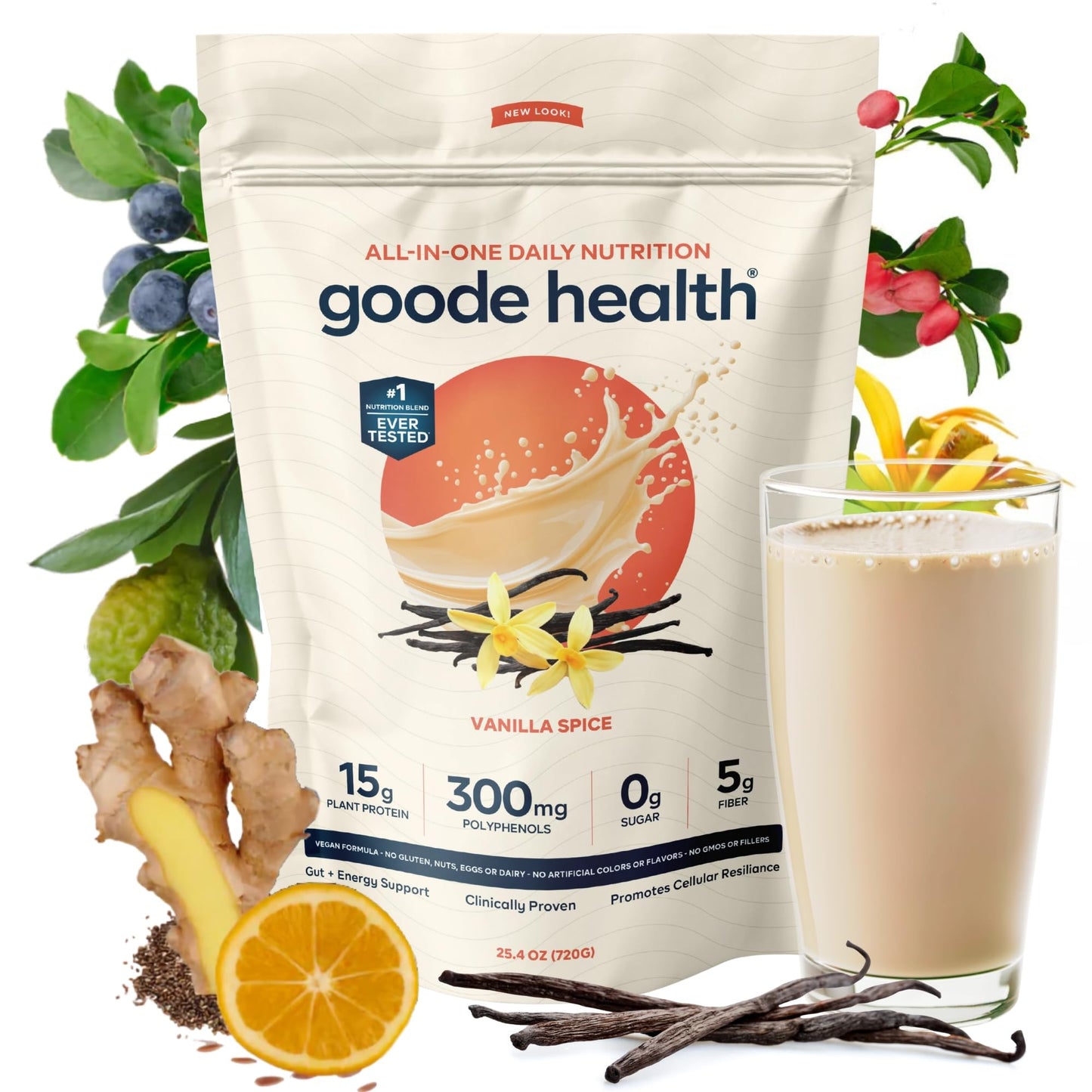 Goode Health Meal Replacement Shake | Vanilla Spice 15g Plant Based Protein | Dairy Free Soy Free Gluten Free | Zero Sugar, Low 