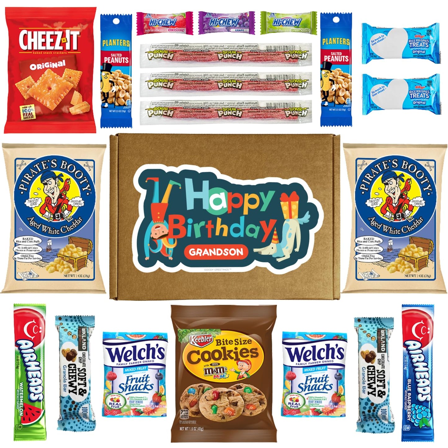 Hangry Kit Birthday Snack Box For Your Grandson - (20 Count) Happy Birthday Gift Basket Care Package - Contains Birthday Snacks,