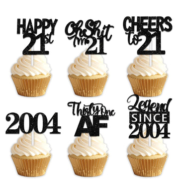 18pcs Black Glitter Happy 21st Dessert Cupcake Topper Pick for Funny Legend Since 2004 Theme Decor Supplies Men Women Happy 21 B