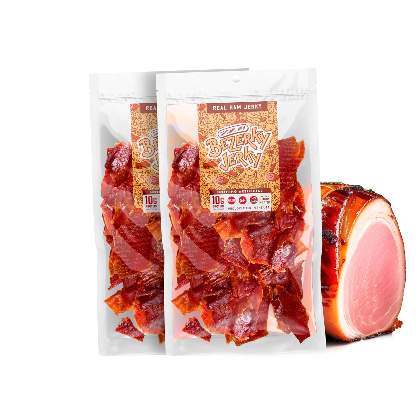 Bezerky Jerky All-Natural Premium Ham Jerky | Keto-Friendly | Made in the USA | Gluten-Free | Non-GMO | Low Carbs | High Protein