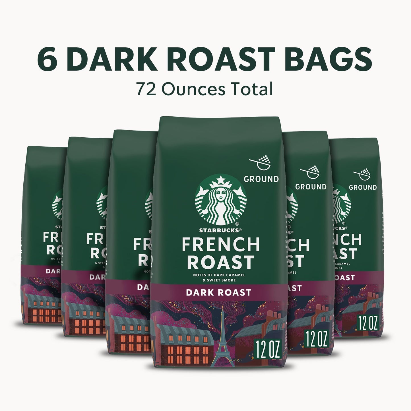 Starbucks Dark Roast Ground Coffee, French Roast, 100% Arabica, 12 oz x 6 Bags - Premium Coffee for Rich Flavor