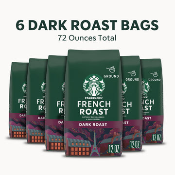 Starbucks Dark Roast Ground Coffee, French Roast, 100% Arabica, 12 oz x 6 Bags - Premium Coffee for Rich Flavor