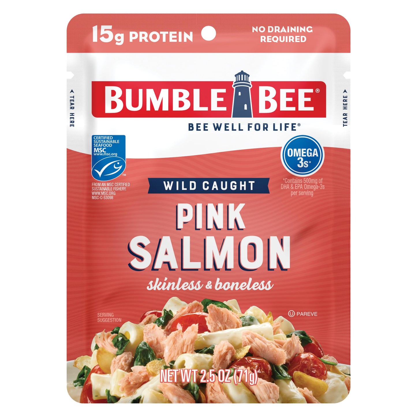 Bumble Bee Skinless & Boneless Pink Salmon, 2.5 oz Pouch, 15g Protein, High in Omega-3s, MSC Certified, Gluten Free, Kosher
