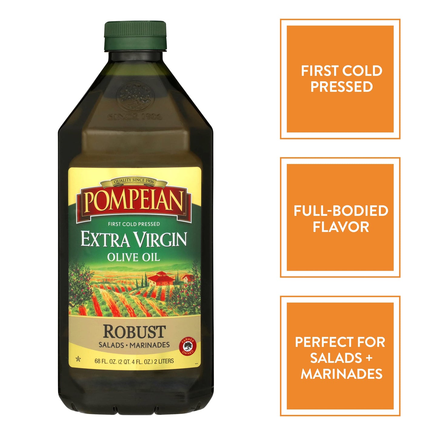 Pompeian Robust Extra Virgin Olive Oil, First Cold Pressed, Full-Bodied Flavor, Perfect for Salad Dressings & Marinades, 68 FL.