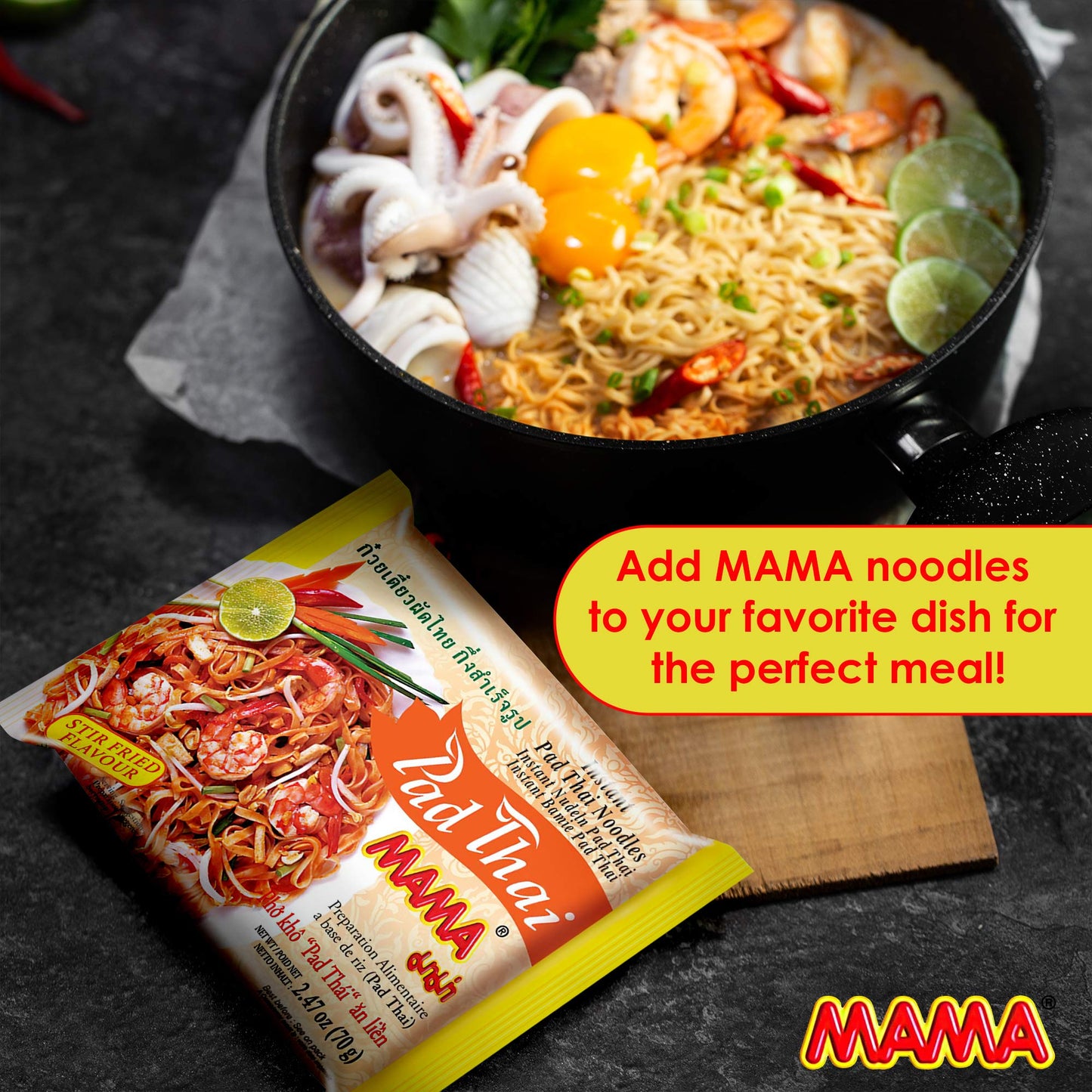 Mama Noodles Pad Thai Instant Spicy Noodles W/Delicious Thai Flavors, Hot & Spicy Noodles W/Pad Thai Soup Base, No Trans Fat W/F