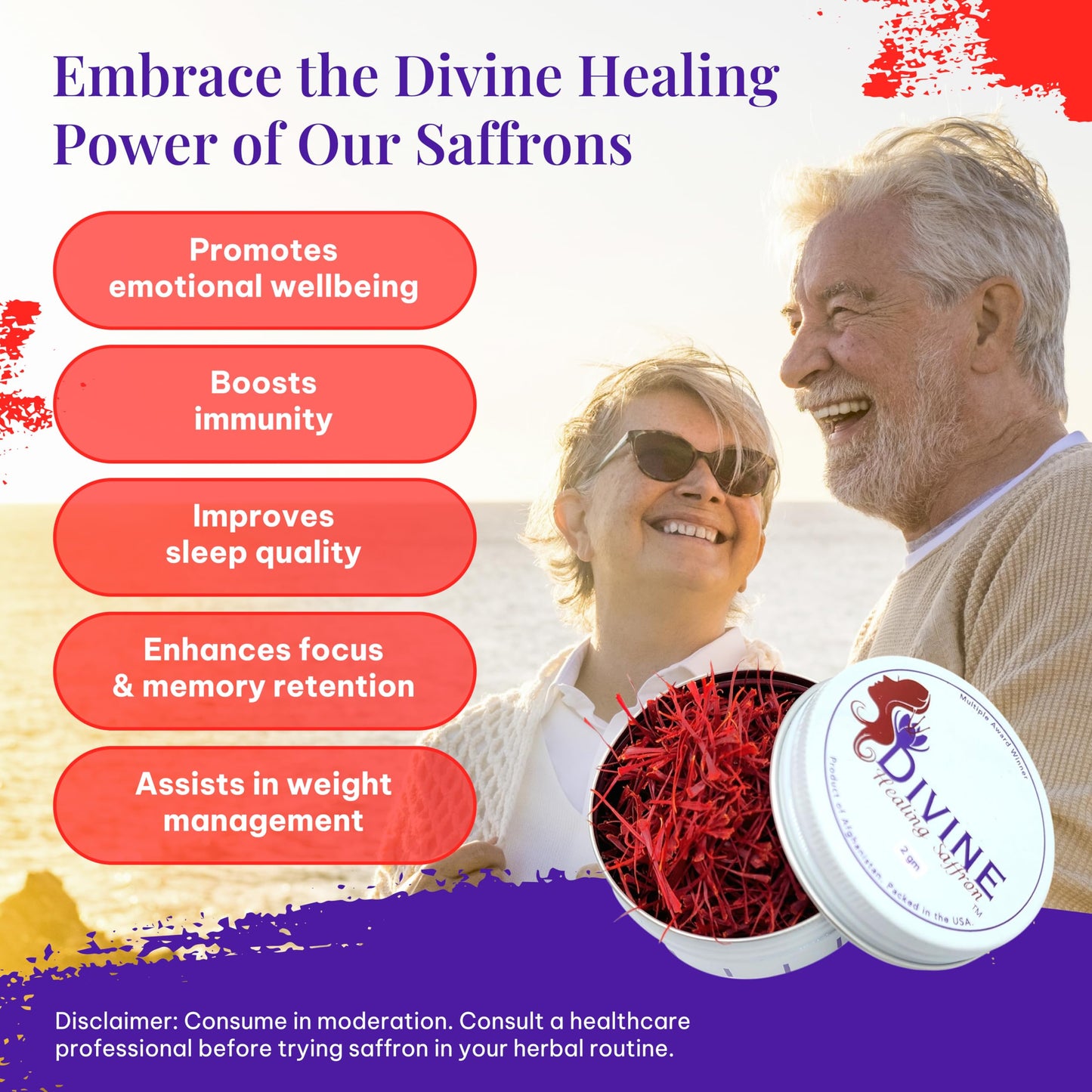 Divine Healing Saffron, Awarded Saffron Threads High Negin Enhanced Grade Saffron Spice Paella, Risotto, Teas, All Culinary Uses (1.5 Grams)