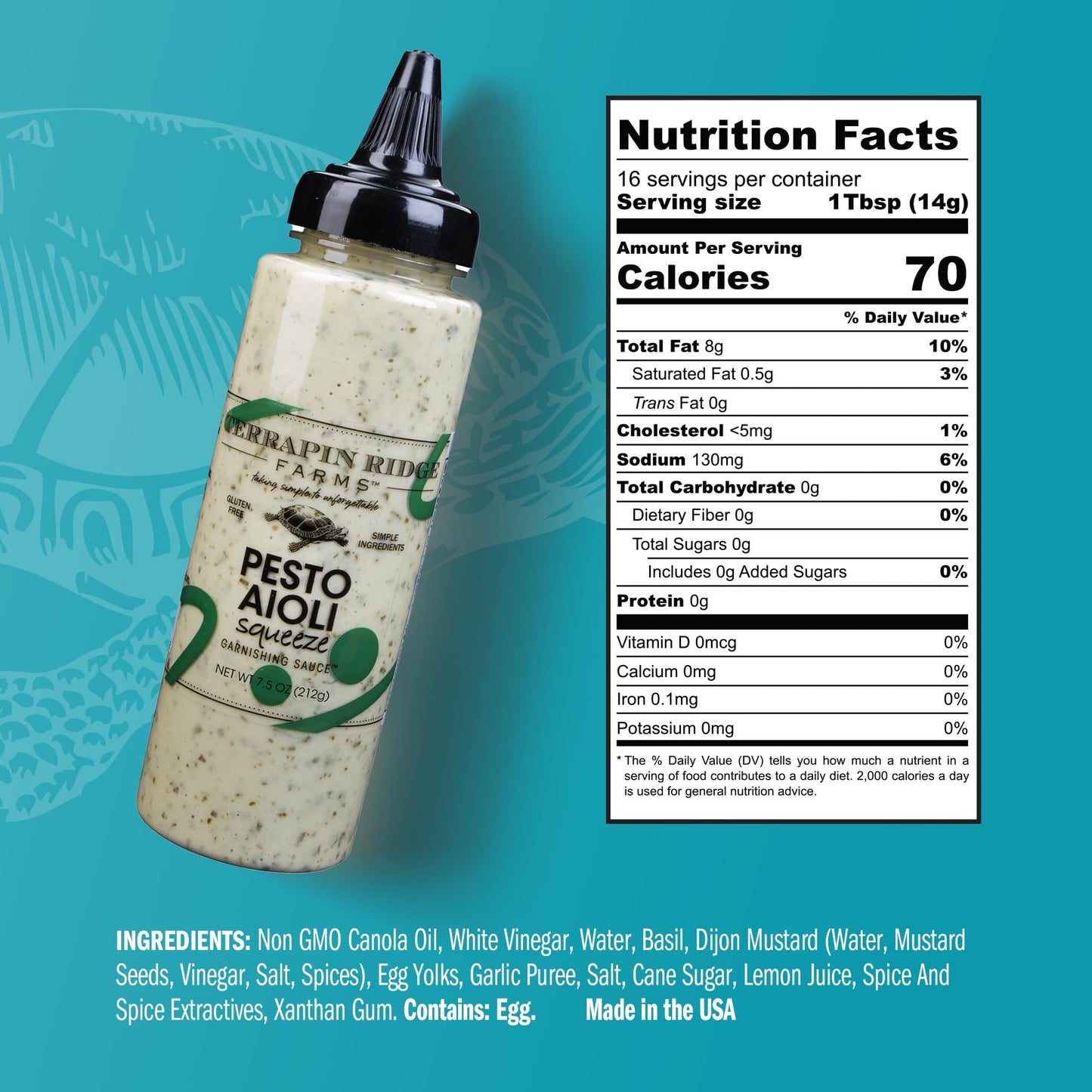Terrapin Ridge Pesto Aioli Sauce - Gluten-Free, Keto-Friendly - 7.5 Ounce Squeeze Bottle - Green