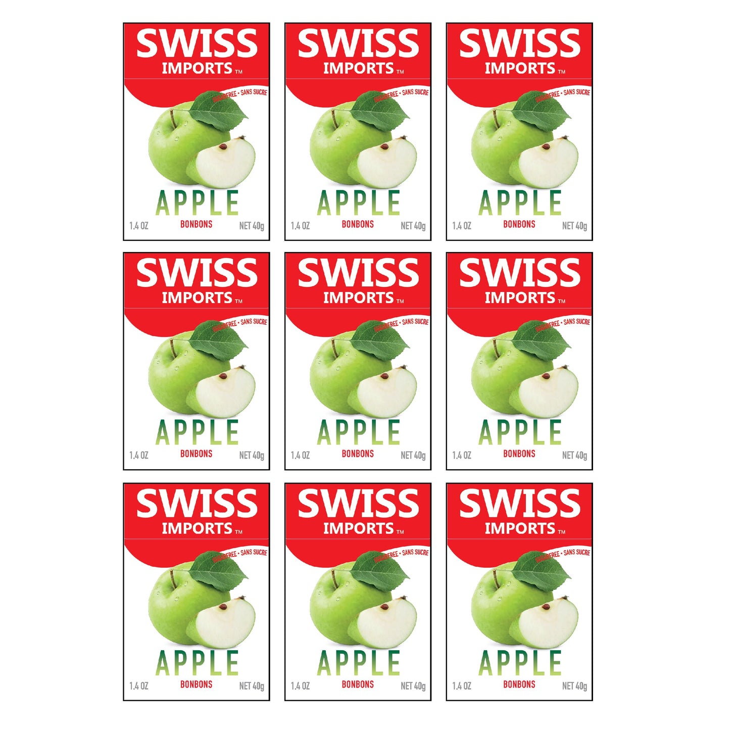 Swiss Imports Sugar Free Bonbons Hard Candy Drops, Apple, 1.4 oz/40g Box, 9 Pack