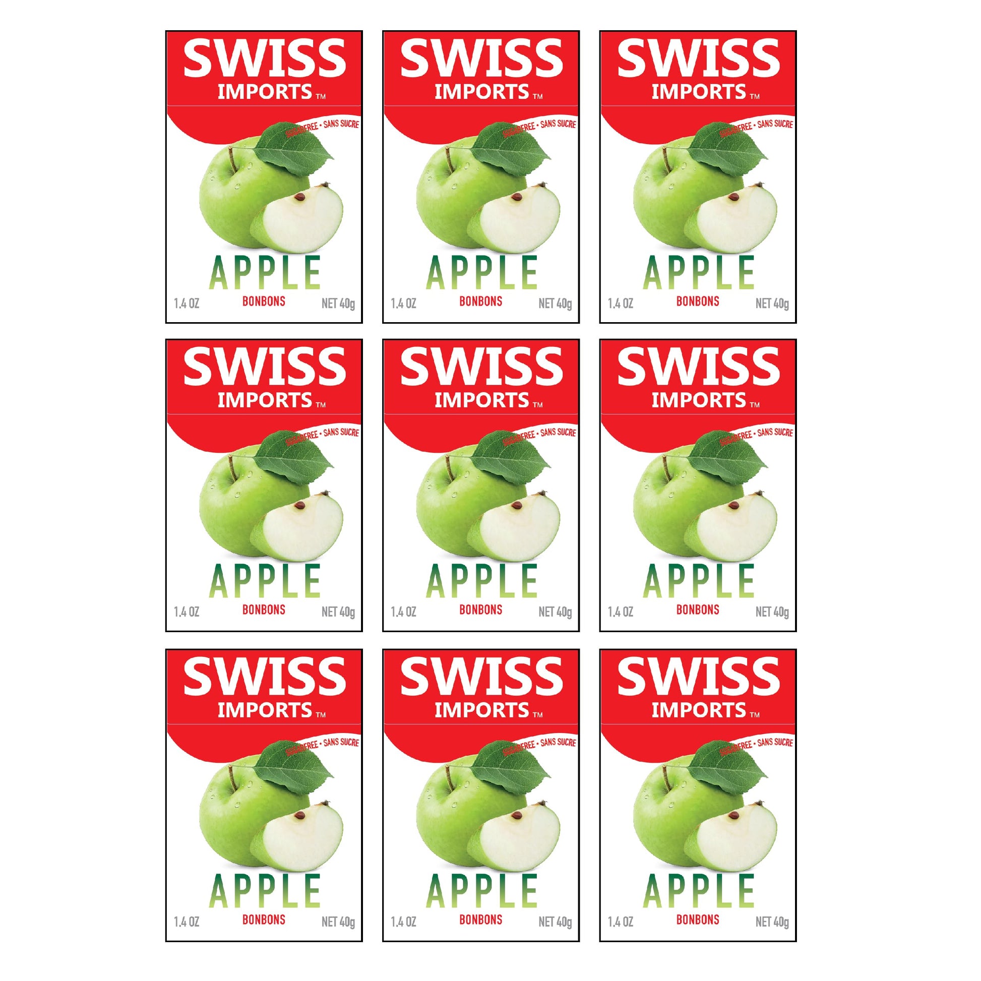 Swiss Imports Sugar Free Bonbons Hard Candy Drops, Apple, 1.4 oz/40g Box, 9 Pack