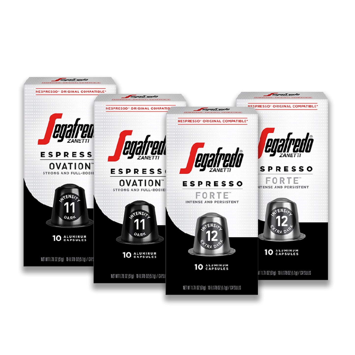 Segafredo Zanetti Espresso Capsules, Ovation & Forte Variety Pack, Dark Roast, 10 Count (Pack of 4)