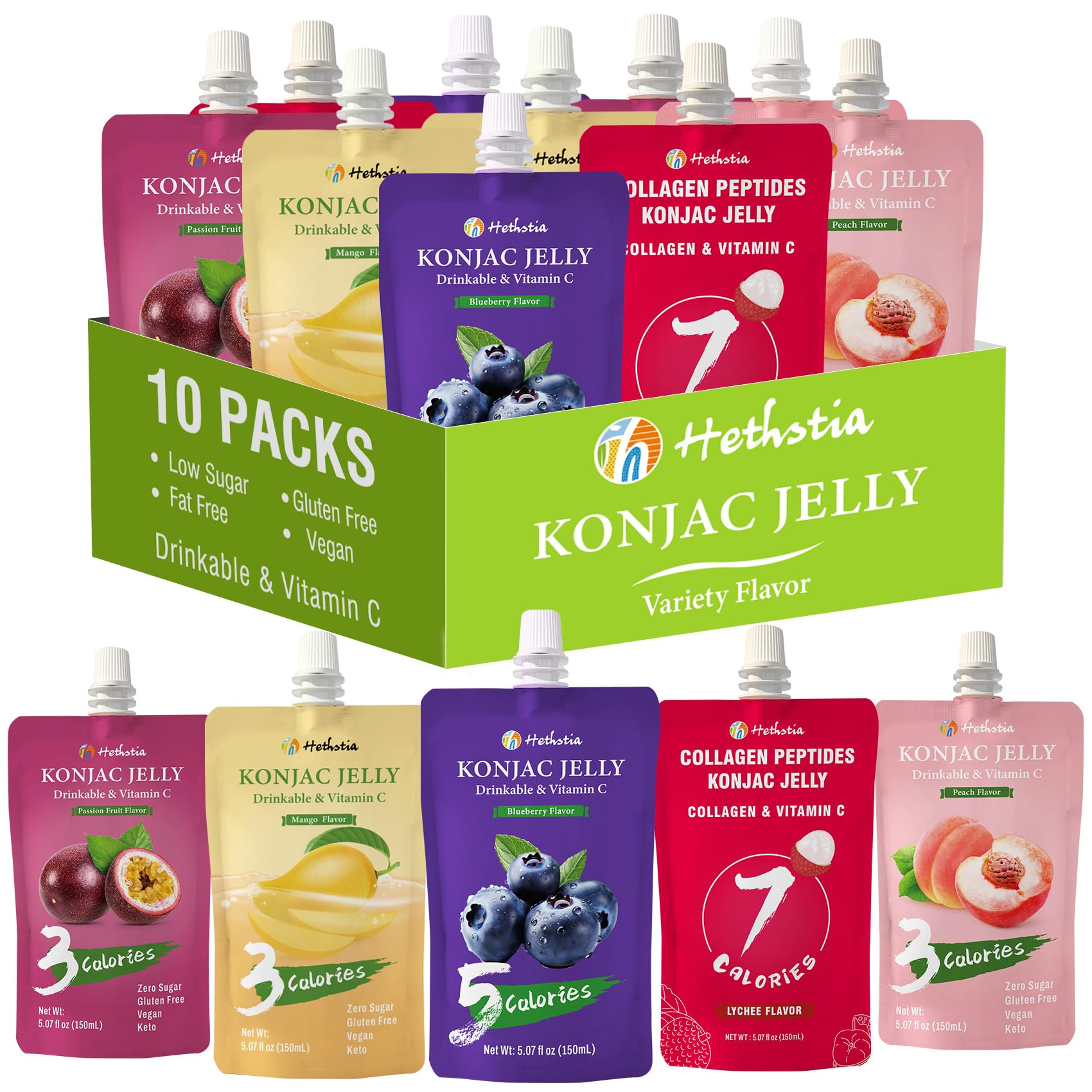 Hethstia Konjac Jelly Pouch Drinkable Variety Pack - Low Calorie, Gluten-Free, Vegan, Keto, Vitamin C, 10 Pack - Lychee, Blueber