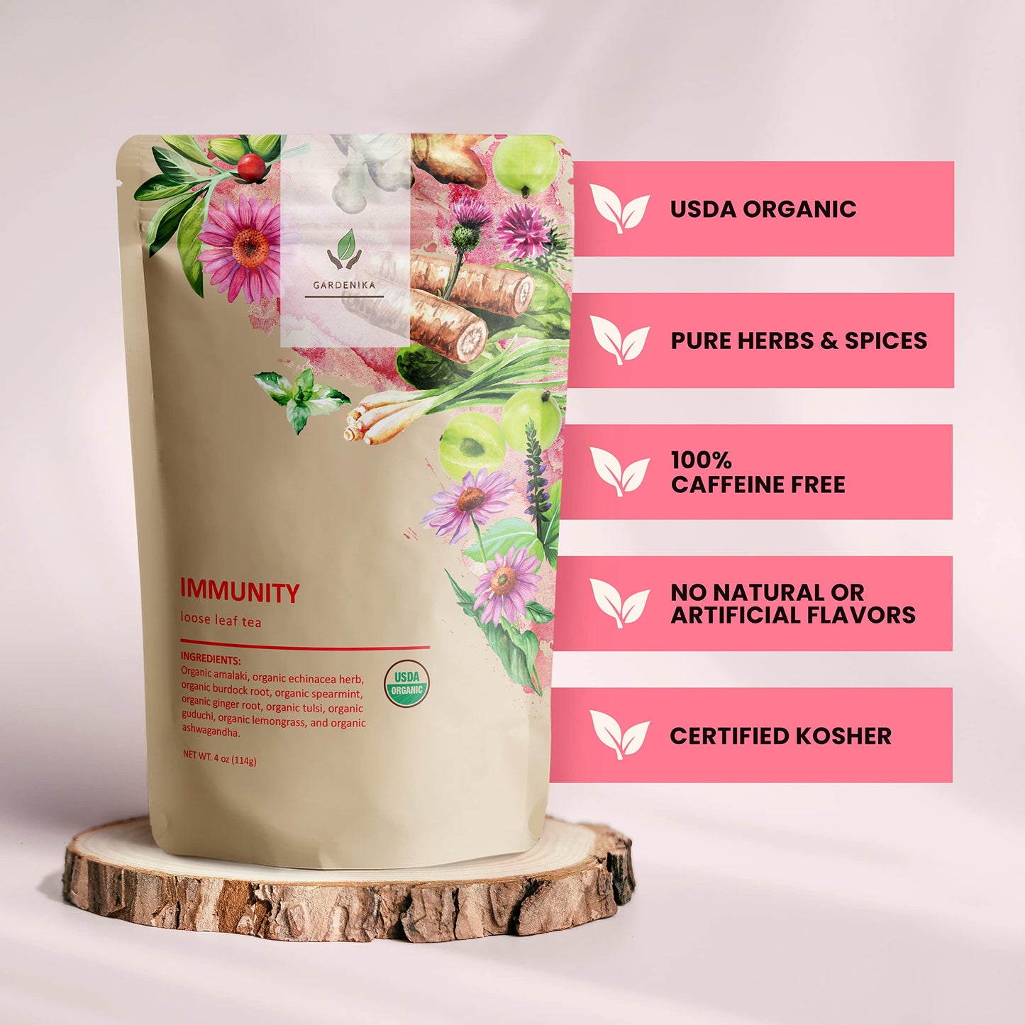 Gardenika Organic Loose Leaf Tea, Herbal Blend with Echinacea & Ashwagandha, Caffeine-Free, 4 oz