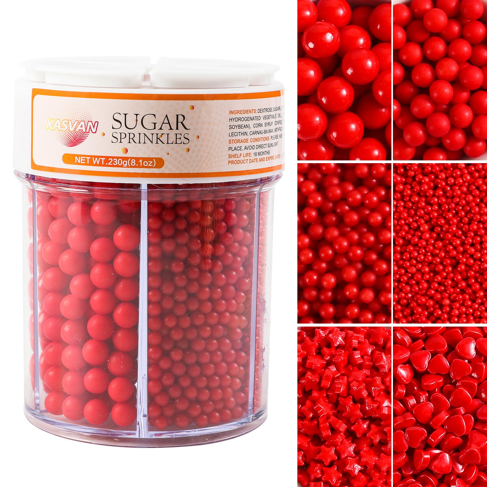 Kasvan Red Pearl Sprinkles, 6 Sizes Mix for Cake Decorating, 230g/8.1oz, Baking Cake Decorations, Ice Cream Toppings and Cookie 