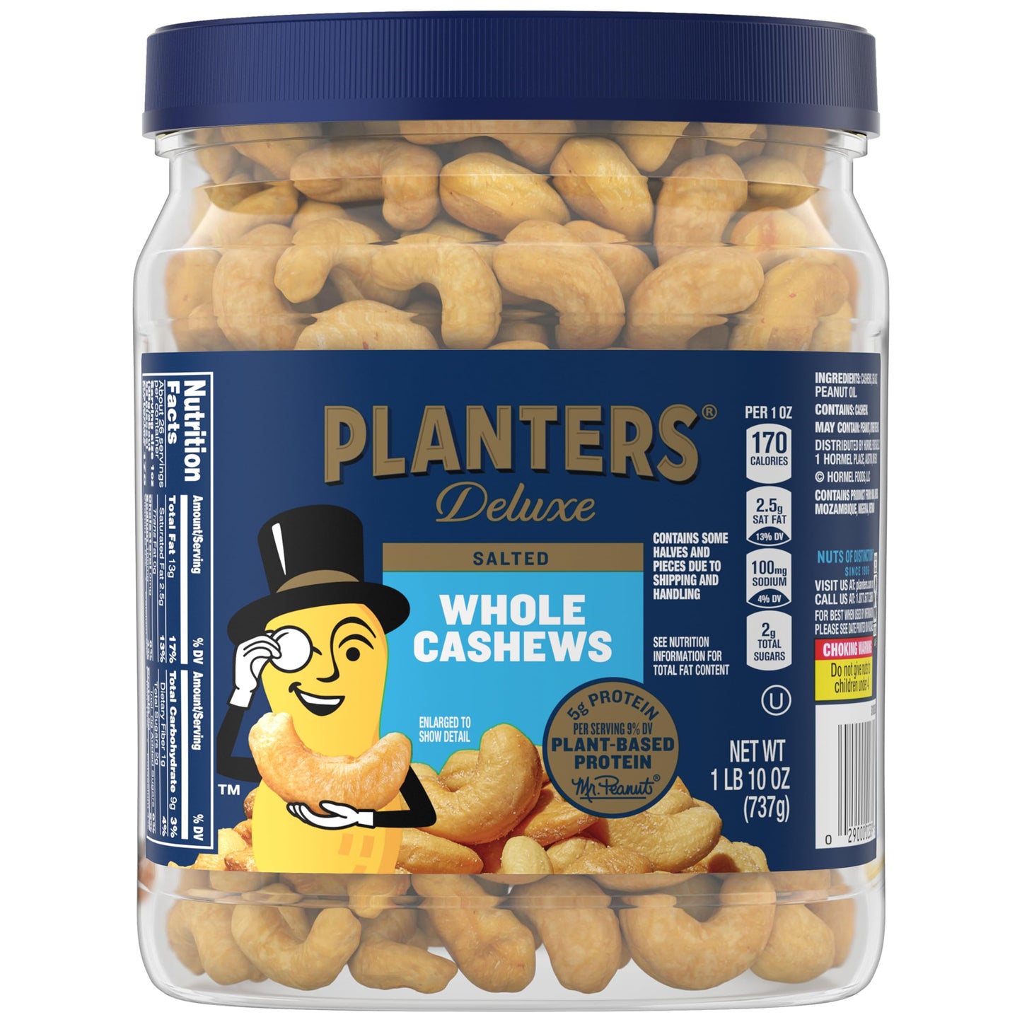 PLANTERS Whole Cashews, Sea Salt, Resealable Jar, Party Snacks, Plant-Based Protein, Quick Snack for Adults, After School Snack,