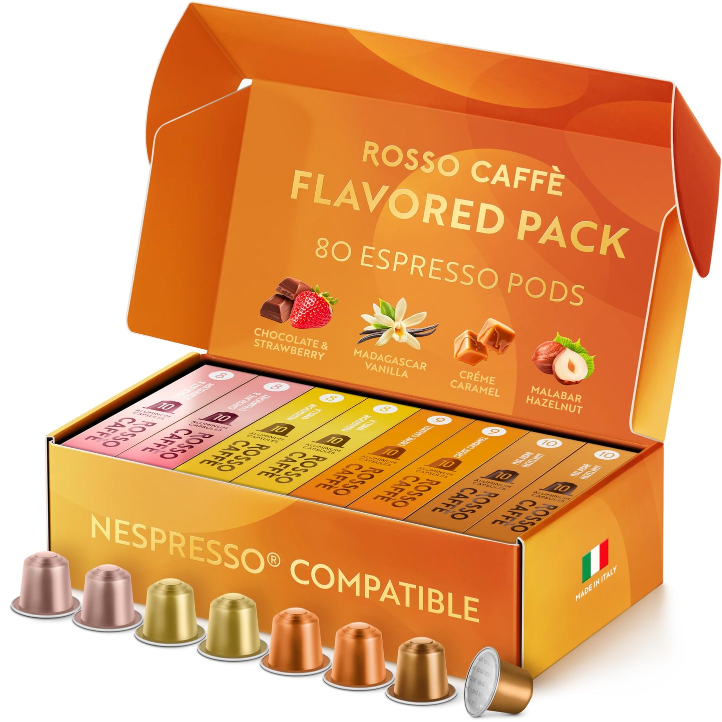 ROSSO CAFFÈ Espresso Coffee Pods for Nespresso - 80 Flavored Capsules (Chocolate, Vanilla, Crème Caramel, Hazelnut) - 10 Count (Pack of 8)