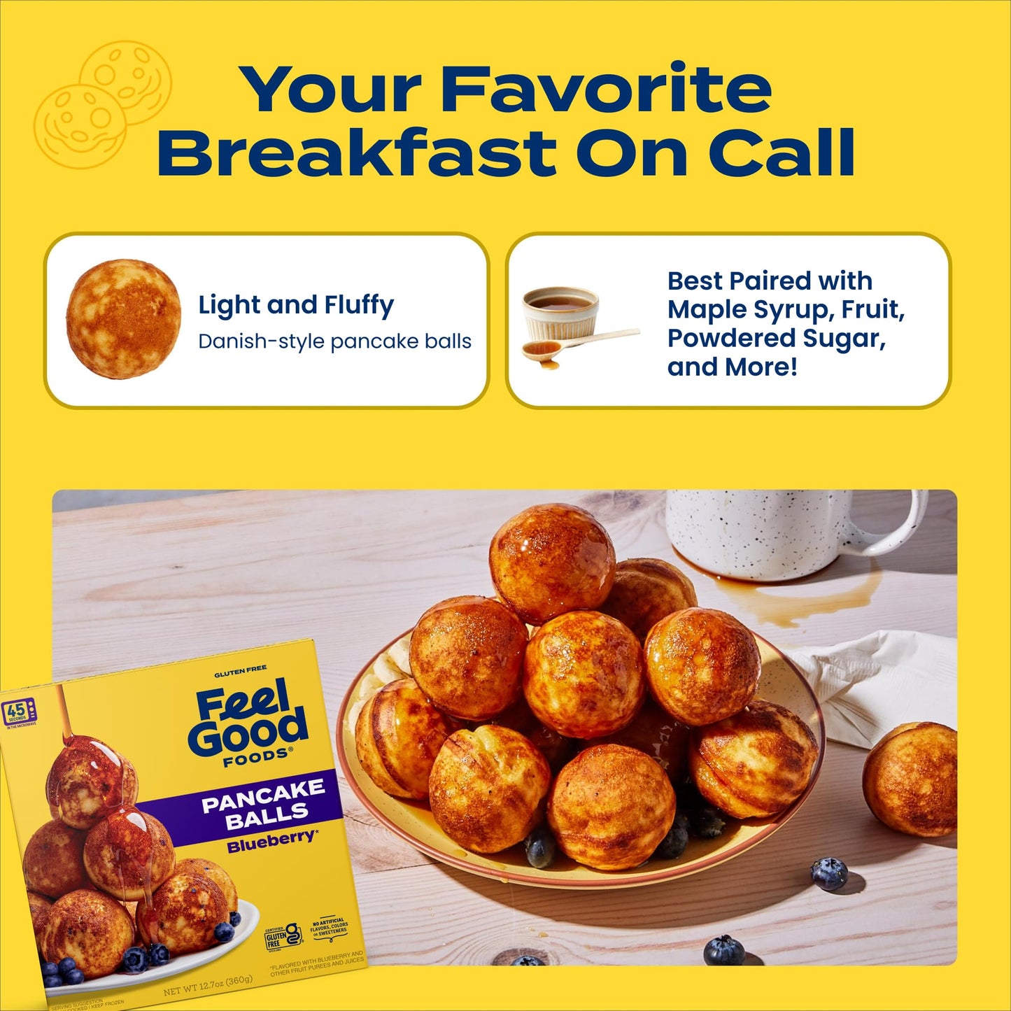 Feel Good Foods Gluten Free Blueberry Pancake Balls | Frozen Breakfast Snacks | 12.7 oz