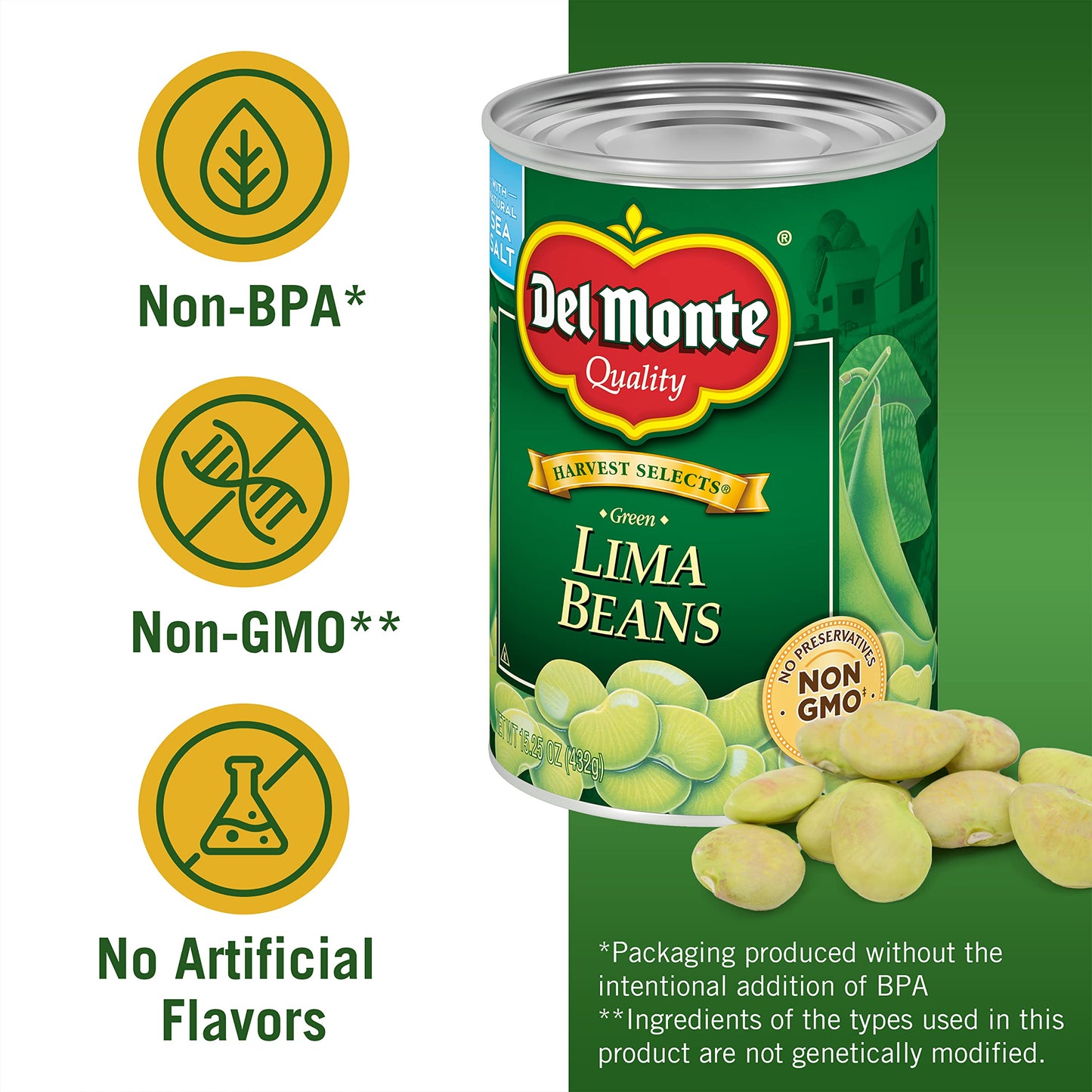 Del Monte Harvest Selects Fresh Cut Green Lima Beans, Canned Vegetables, 12 Pack, 15.25 Oz Can