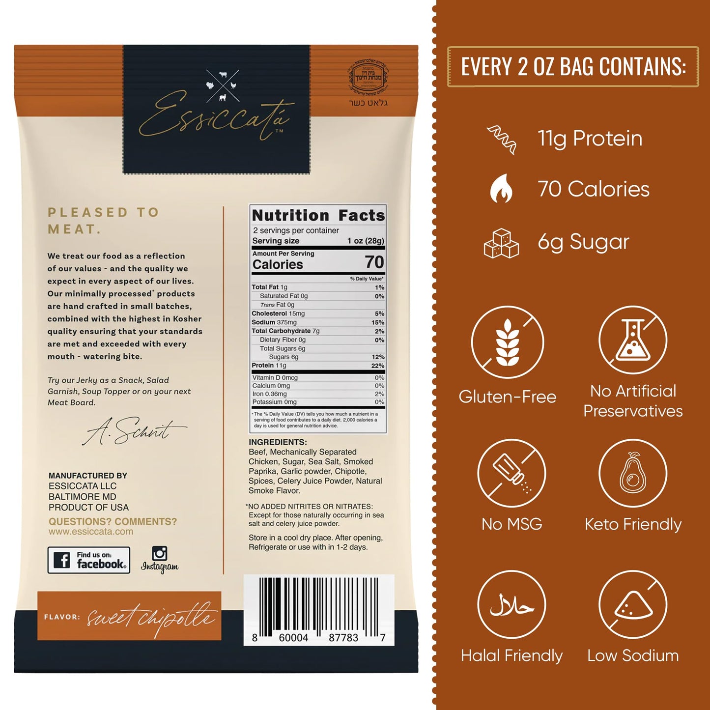 Aufschnitt Essicata Beef Jerky - Extra Tender, Grass Fed, Low Sodium - Made In Usa - Certified Kosher - Keto & Halal Friendly - 5 Pack, Sweet Chipotle