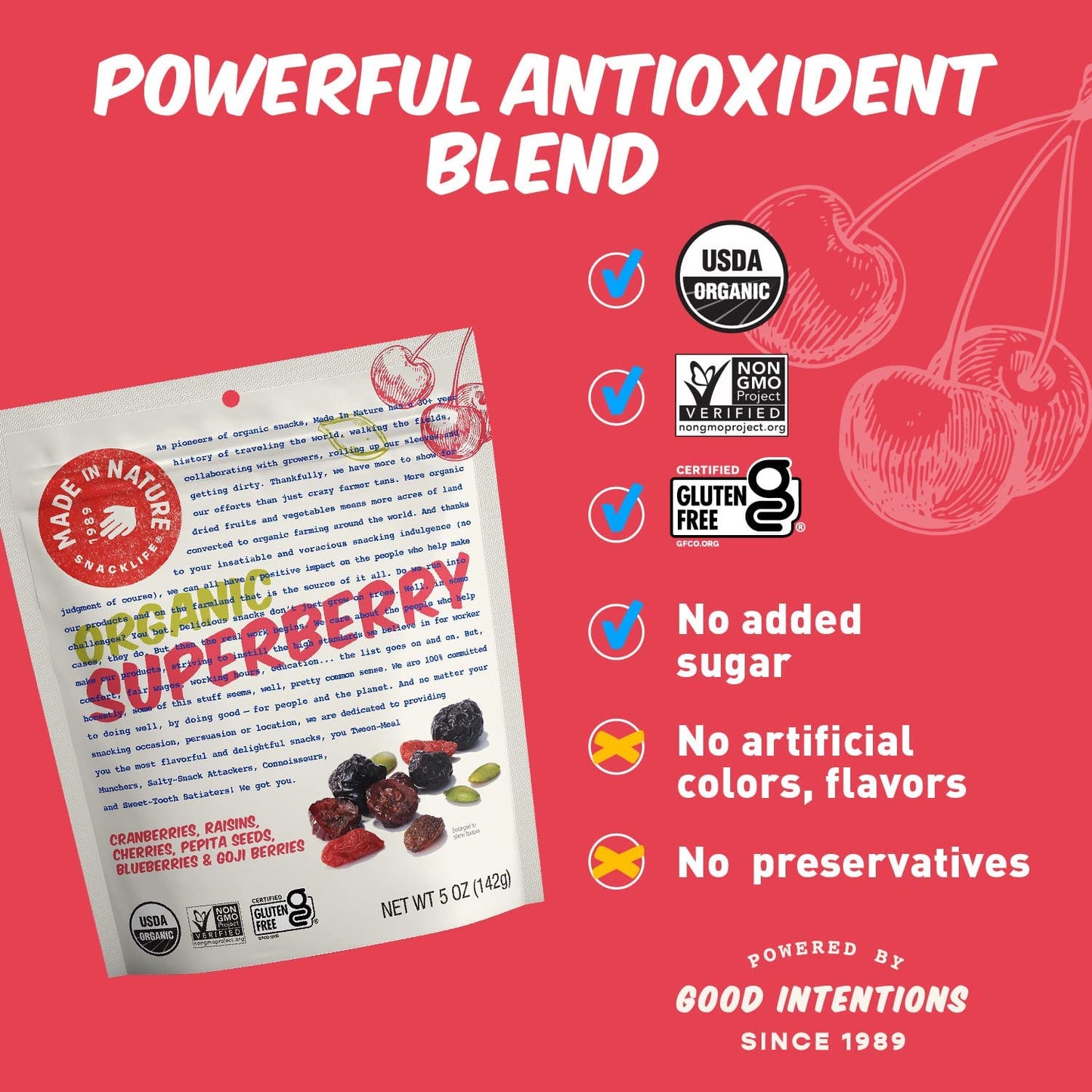 Made In Nature Organic Superberry Fruit Fusion, 5 Ounce (Pack of 6) - Fruit and Nut Trail Mix, Non-GMO, Unsulfured, Gluten Free