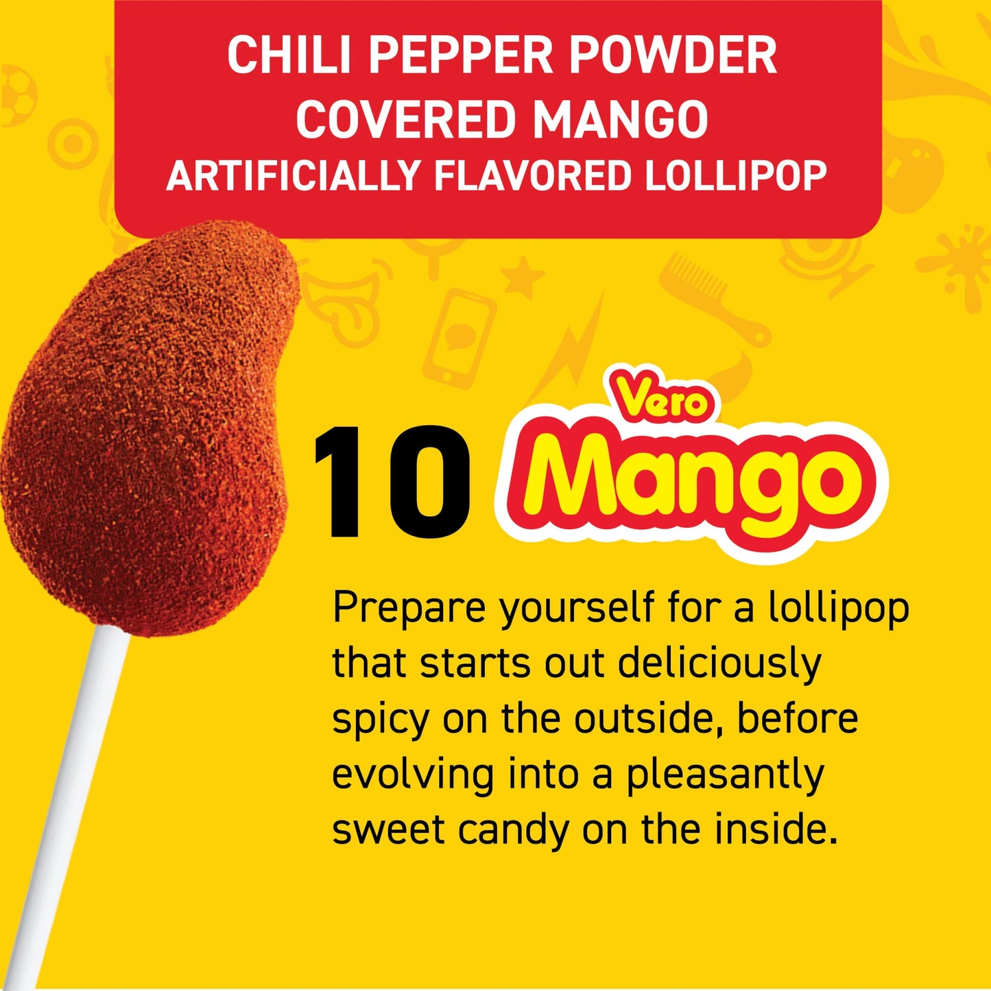 Vero Mango Lollipops Coated With Chili Powder, Hot And Sweet Candy Treat, Artificially Flavored, Net Wt. 4.93 Ounces, 10 Count B