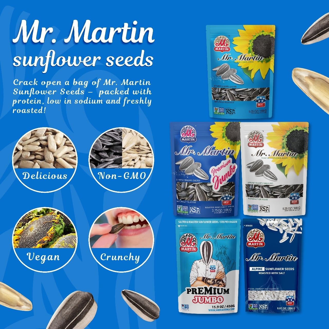 MR. MARTIN Freshly Roasted Salted Sunflower Seeds To Eat-Non-GMO, Crunchy, Delicious, Vegan, Kosher, Keto Friendly Snack- 5.25 O