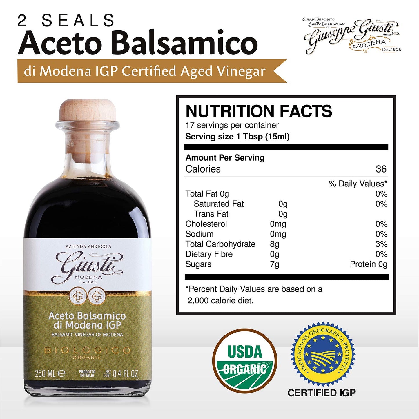 Giusti Organic Balsamic Vinegar of Modena - 2x 250ml, Balsamic Vinegar of Modena Black, Pack of 2