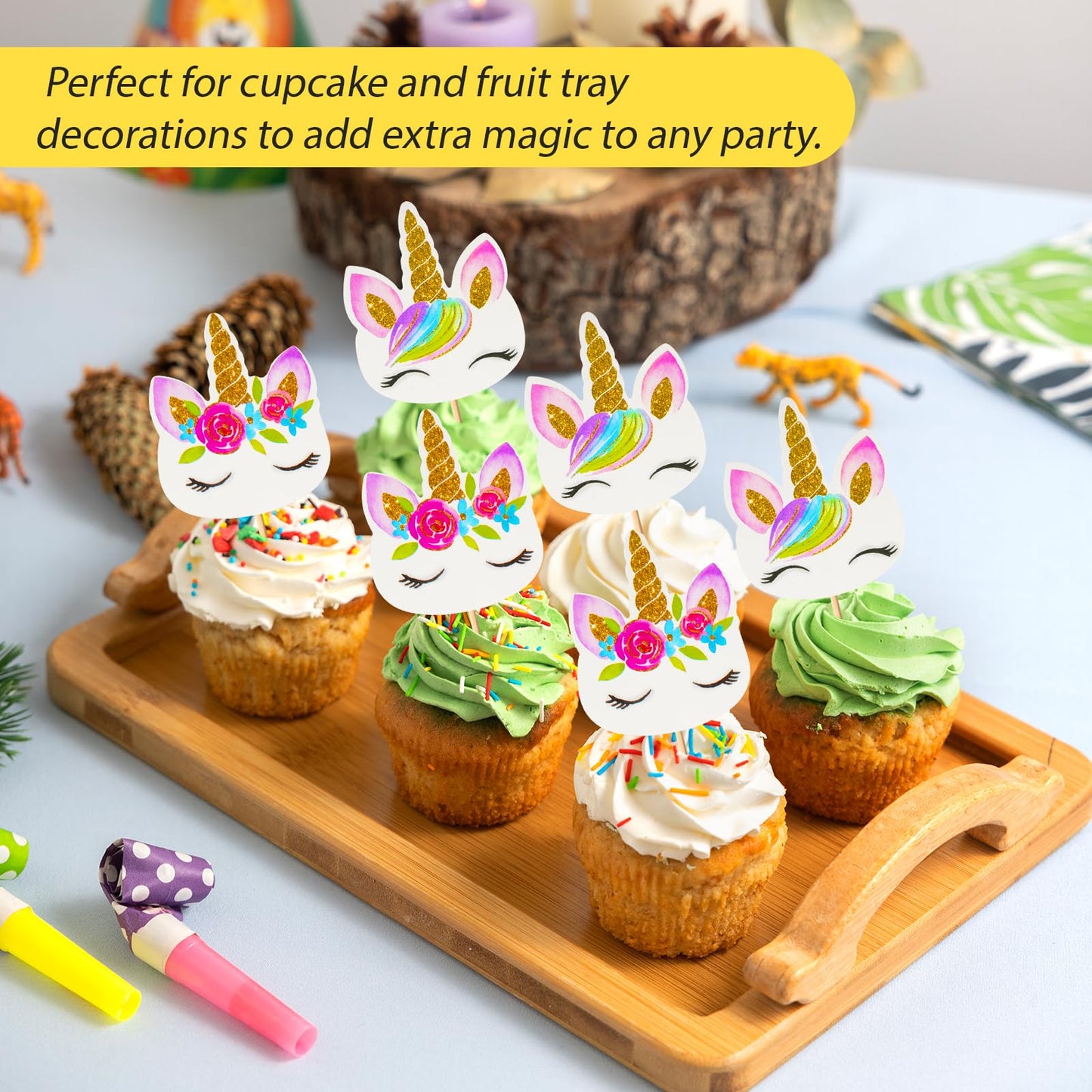 Coopache 48 Pieces Rainbow Unicorn Cupcake Toppers, Cupcake Picks Cake Decorations, Double Sided Unicorn Cake Topper Set Birthda