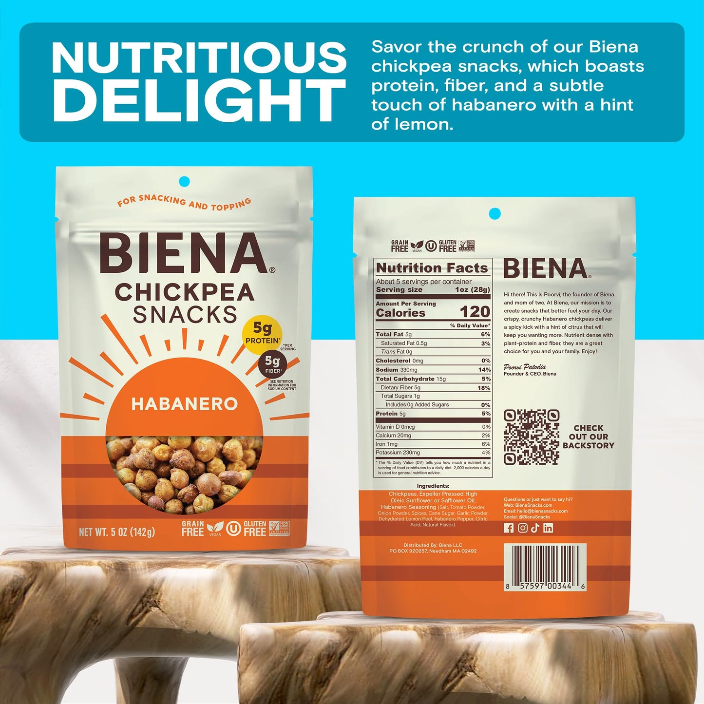 BIENA Chickpea Snacks - Crunchy Roasted Chickpeas - High Fiber Vegan Protein Snacks for Adults and Kids - 8-Pack, 5 Ounce - Haba