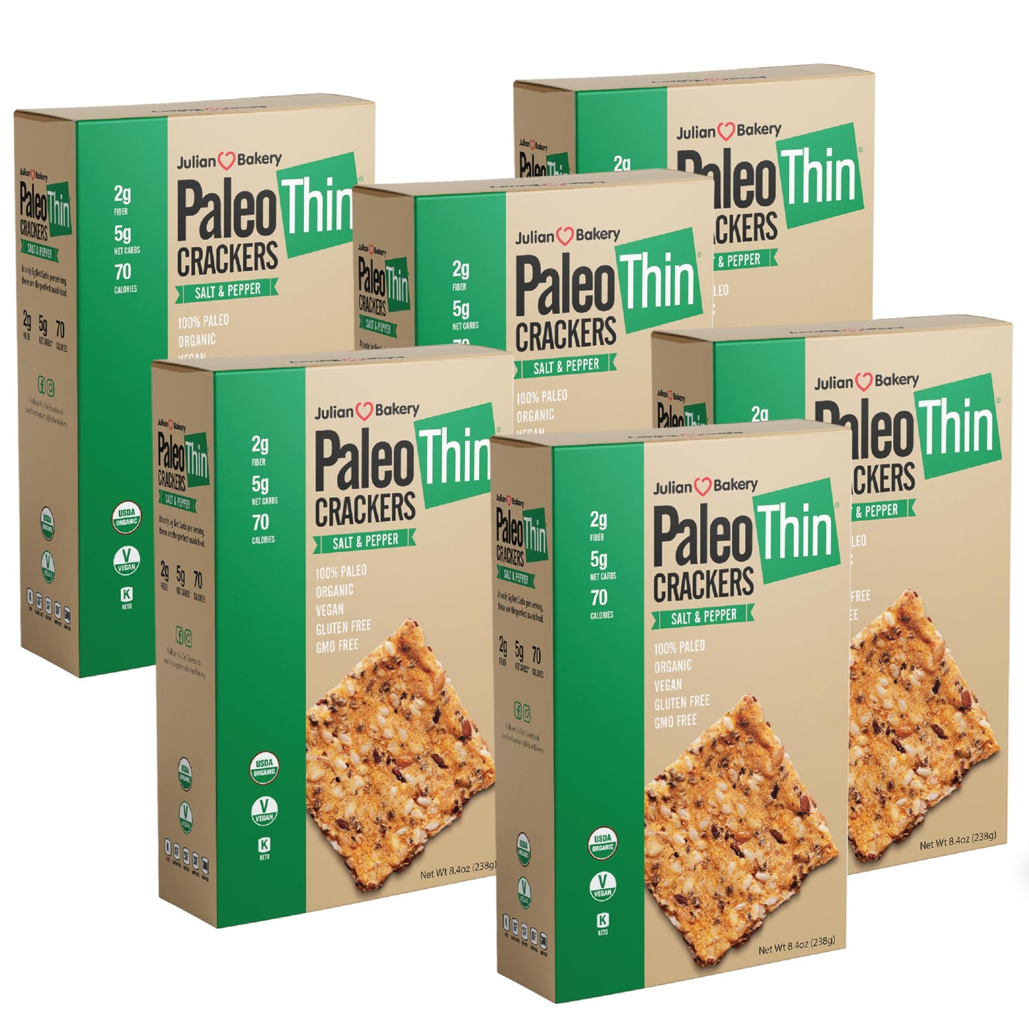 Julian Bakery Paleo Thin Crackers | Salt & Pepper | Usda Organic | Gluten-Free | Grain-Free | Gmo Free | Low Carb | 6 Pack