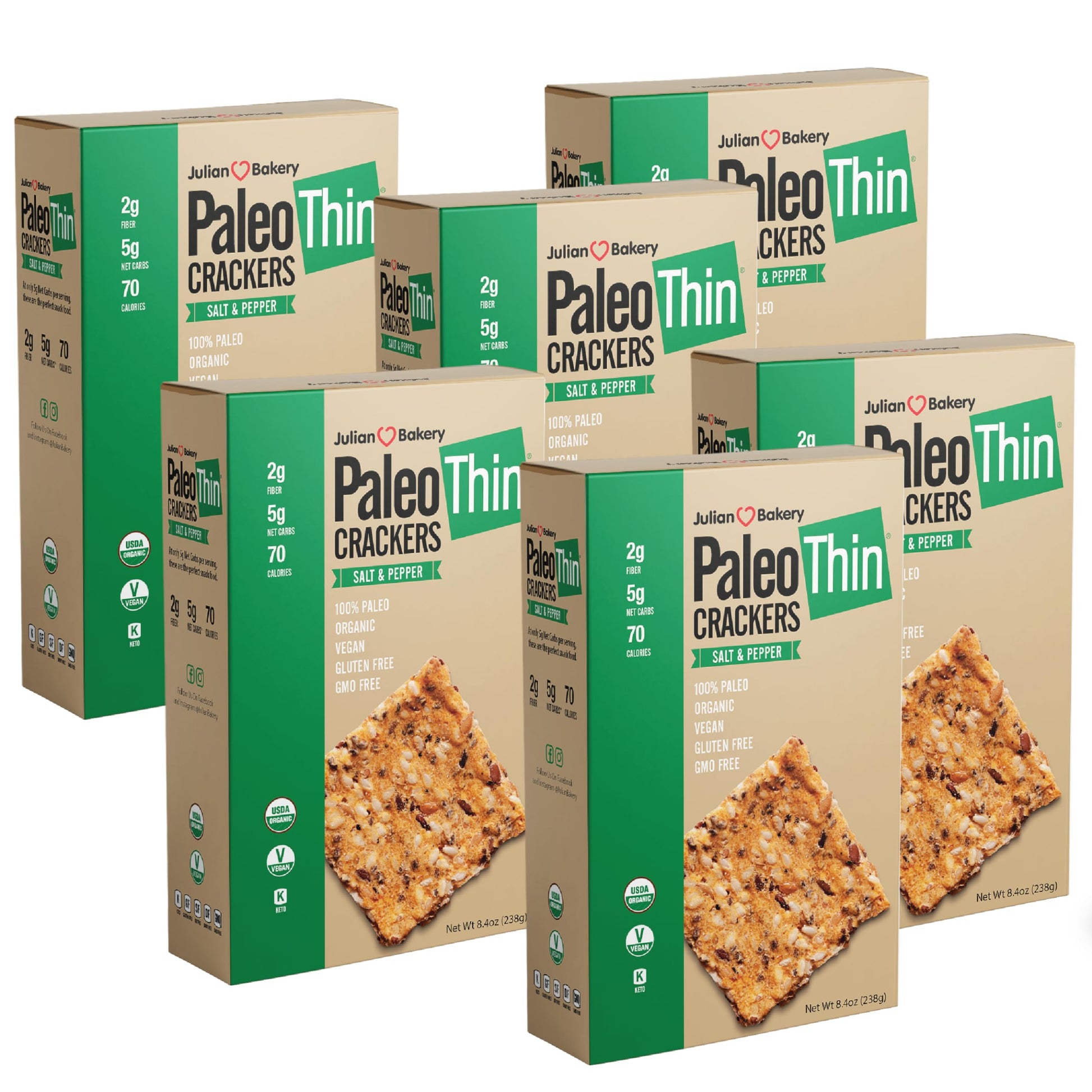 Julian Bakery Paleo Thin Crackers | Salt & Pepper | Usda Organic | Gluten-Free | Grain-Free | Gmo Free | Low Carb | 6 Pack